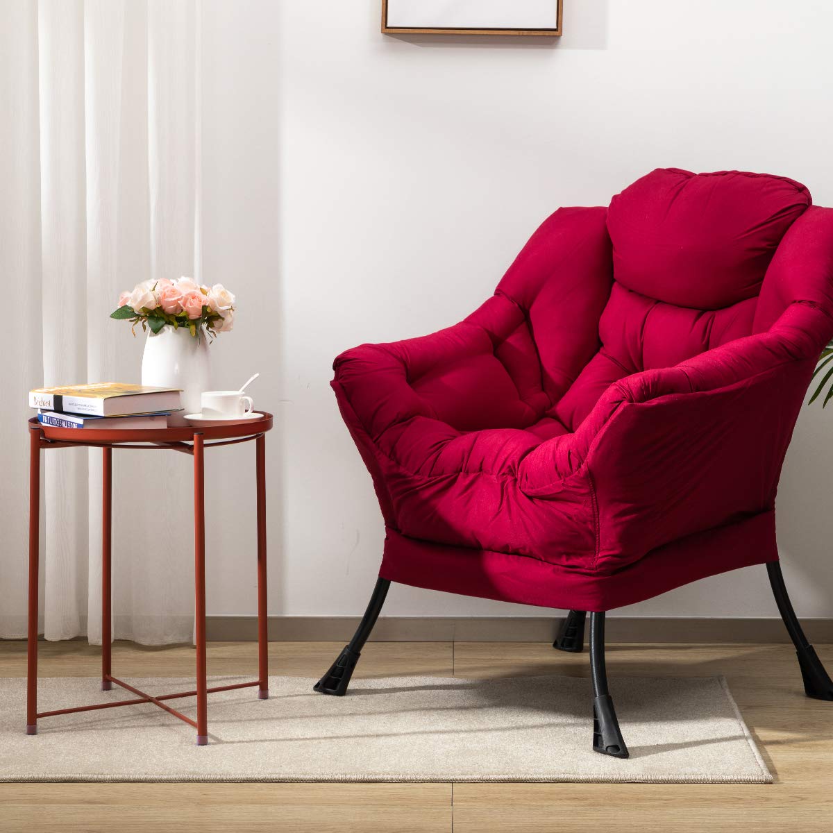 HollyHOME Modern Fabric Oversized Lazy Chair - Thick Padded Comfy Lounge Chair with Armrest, Steel Frame Accent Reading Chair for Living Room, Bedroom, Dorm (Burgundy) | Perfect for Relaxing, Reading & Napping