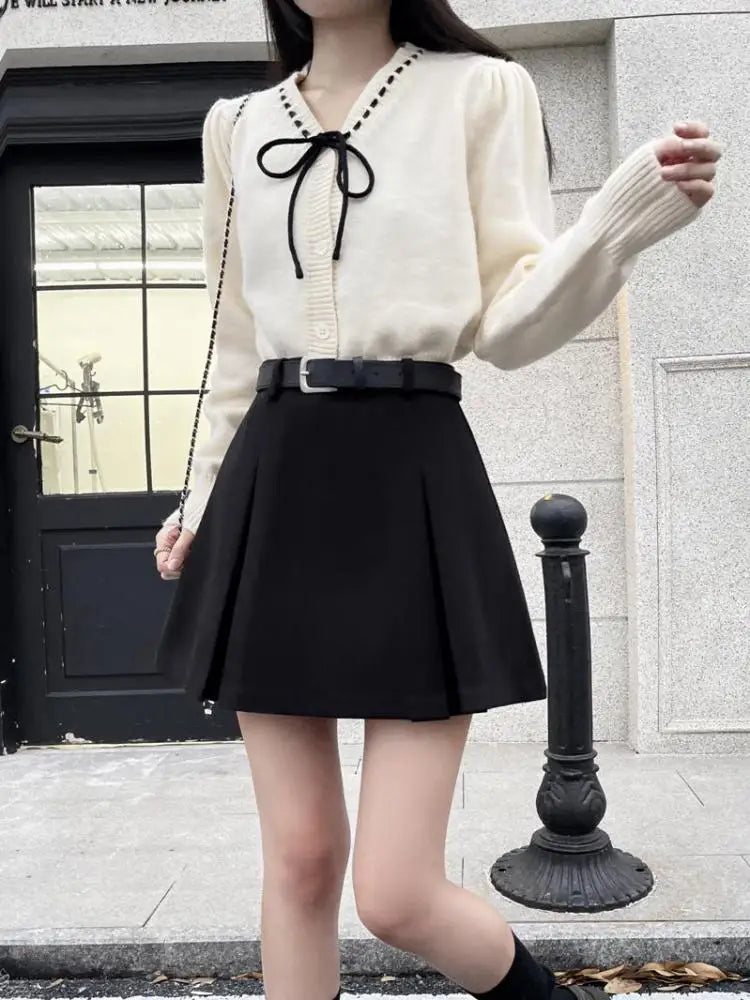 Women's Black Wool Mini Skirt - A-Line Wrap Hip Short Skirt for Autumn Winter | Korean Harajuku Fashion Thick Pleated Skirt | Perfect for Parties, Dating & Casual Outfits