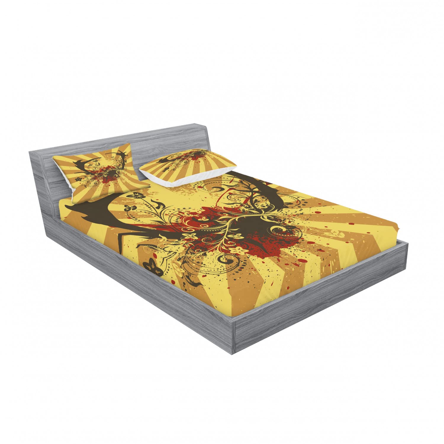 Ambesonne 2-Pack Queen Size Fitted Sheet & Pillow Sham Set - Grunge Style Deer Antlers Design, 4-Piece Bedding Set in Mustard Yellow for Cozy Cabin, Hunting Lodge or Rustic Bedroom Decor