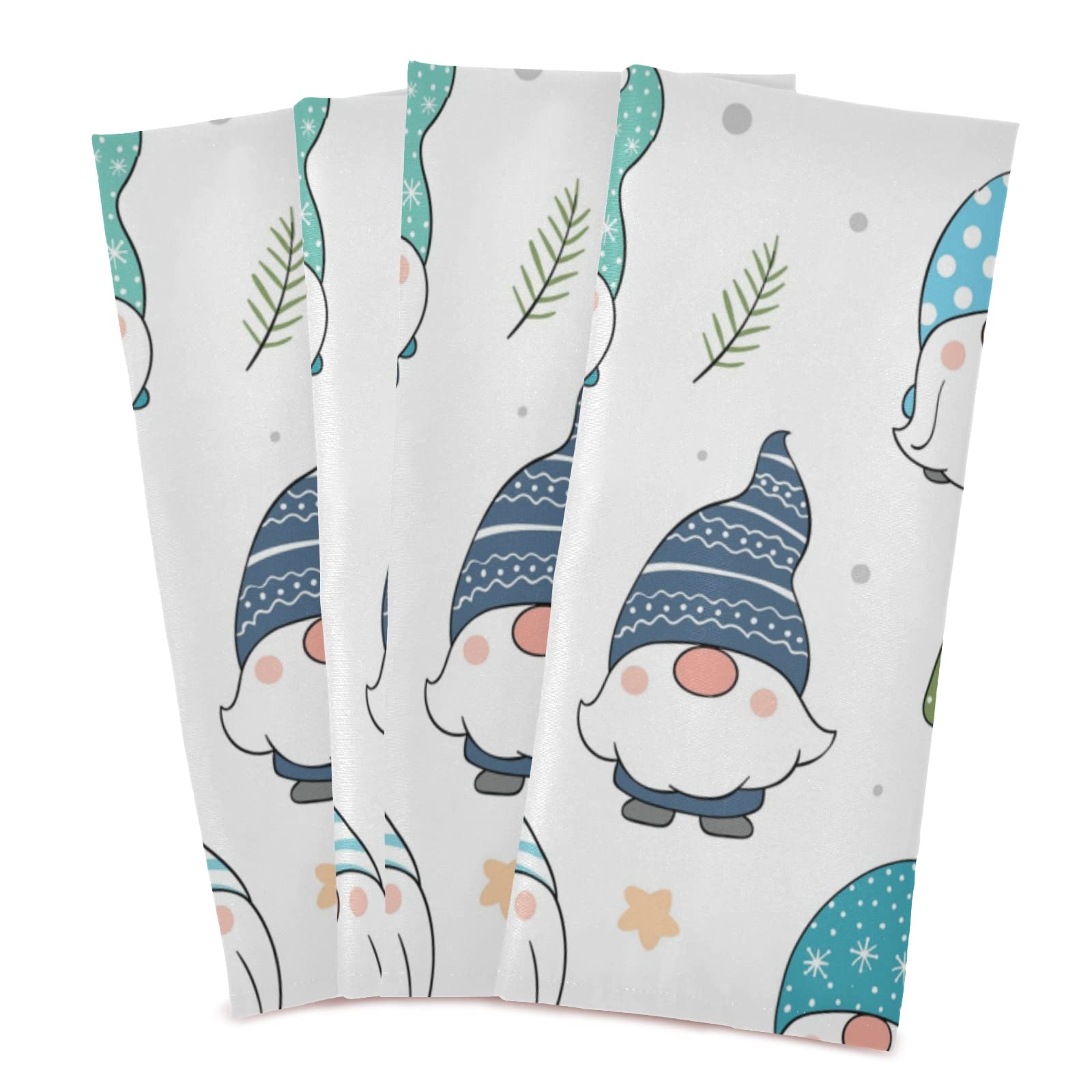 Adorable Christmas Winter Snow Gnomes Kitchen Dish Towels Set of 4 - Polyester Terry Cloth with Green Leaves Design, Hemmed Edges & Hanging Loop - Perfect for Holiday Decor, Dish Drying, Hand Towels & Tea Towels