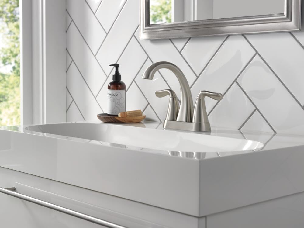 Delta Arvo Centerset Bathroom Faucet in Brushed Nickel - 25840LF-SP with Drain Assembly & SpotShield Stainless Finish - Perfect for Modern Bathroom Sinks, Vanities, and Powder Rooms