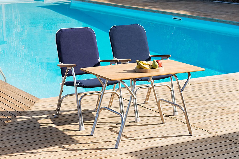 FORMA MARINE V100NB Navy Blue Boat Chair - Large Padded Folding Deck Chair with Aluminum Frame & Teak Armrests - Perfect for Yachts, Boats, and Outdoor Marine Use
