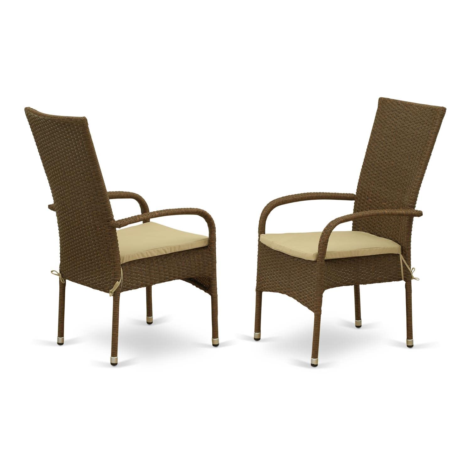 East West Furniture OSLC102A Oslo Patio Bistro Wicker Dining Chairs with Cushion, Set of 2, Brown - Outdoor Garden, Balcony, and Cafe Seating for Relaxing and Entertaining
