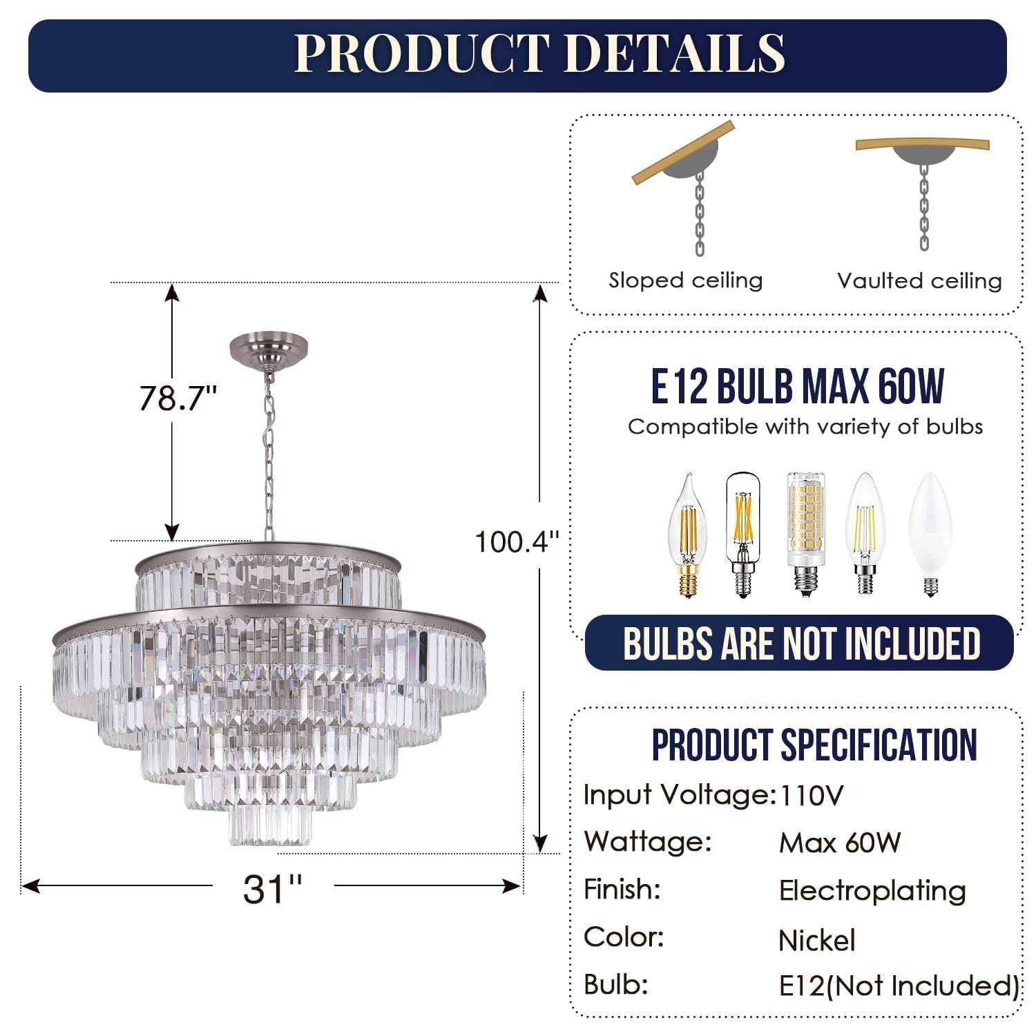 Modern Round Crystal Chandelier - 7-Tier 17-Lights Nickel Finish for Dining Room, Living Room, Bedroom & Entryway - Elegant Lighting Fixture for Home Decor & Wedding Venues