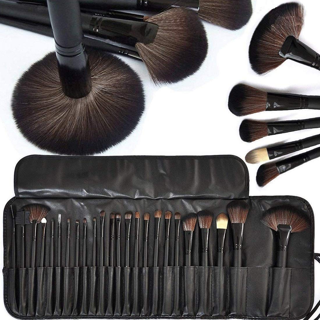 Angelie 24-Piece Black Makeup Brush Set with Premium Leather Case - Professional Cosmetic Brushes for Foundation, Blending, Contouring & Eyeshadow Application