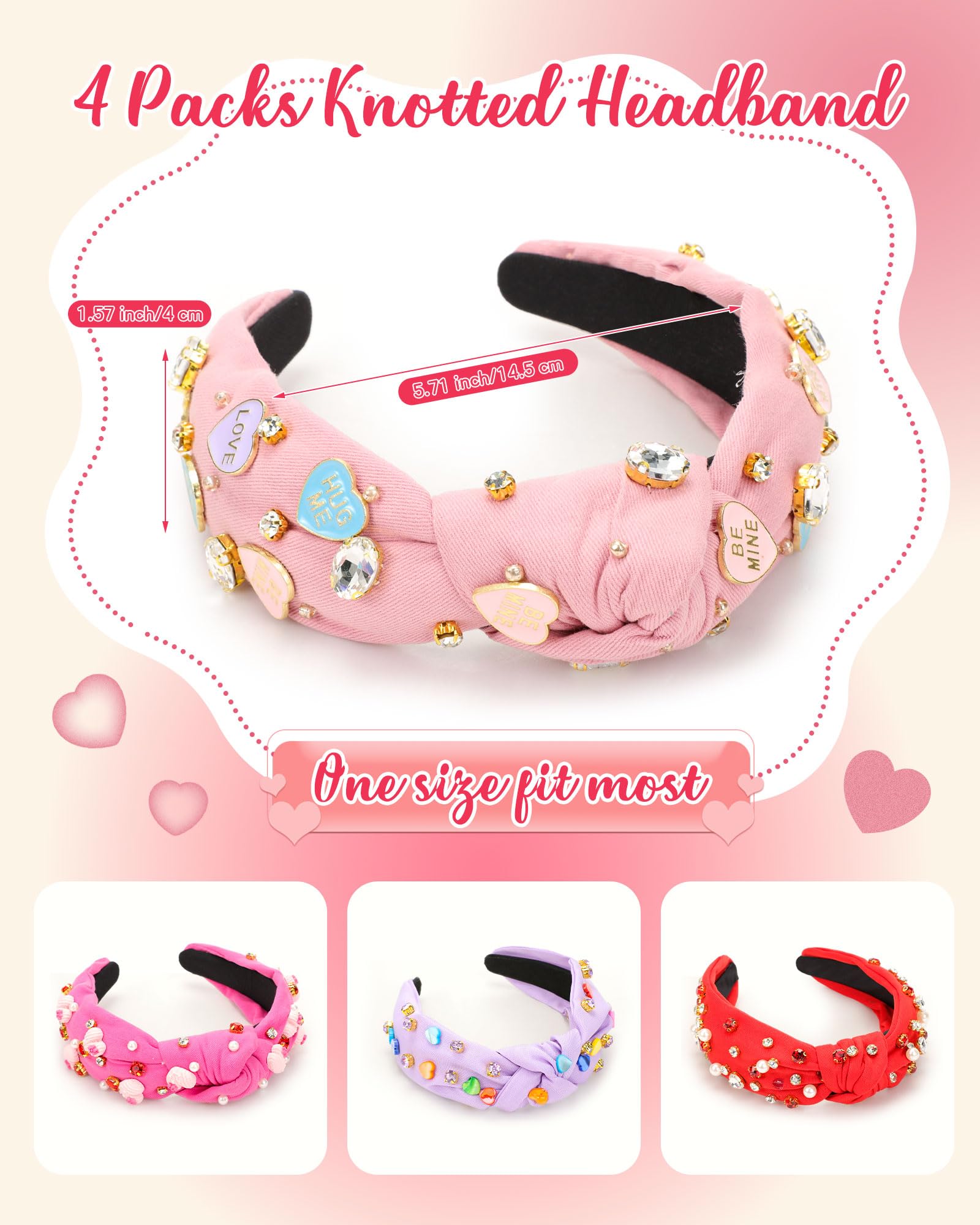 4 Pack Valentines Day Knotted Headbands for Women - Pearl Crystal Gemstone Heart Shape Jewelry Hair Accessories, Fashionable Retro Headbands for Valentine's Party & Dating | Perfect for Valentine's Gifts, Bridal Showers, Date Nights and Special Occasions