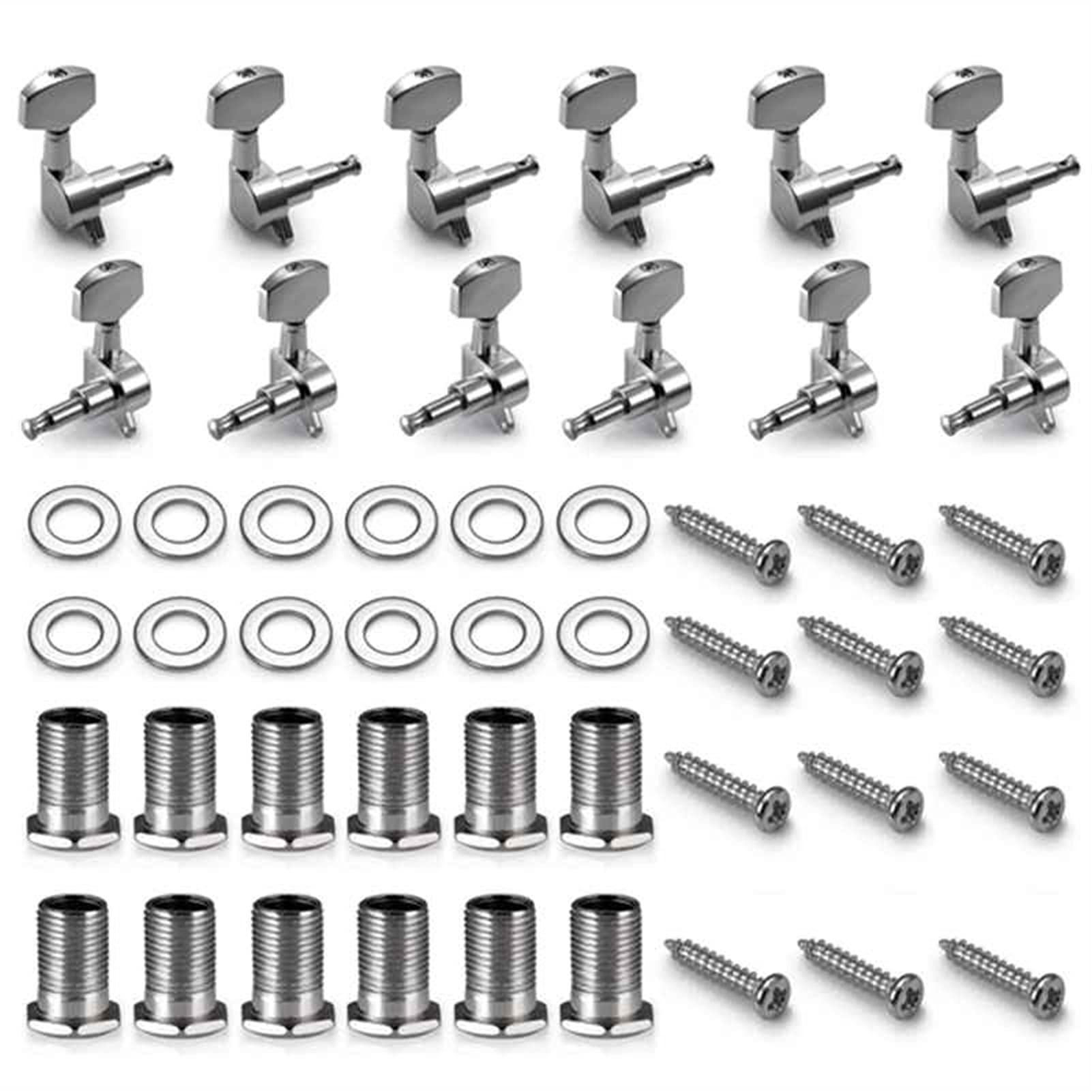 12-Piece Acoustic Guitar Tuning Pegs Set - Silver Machine Heads (6 Left + 6 Right) for Easy String Replacement & Tuning | Perfect for Guitar Maintenance & DIY Repairs
