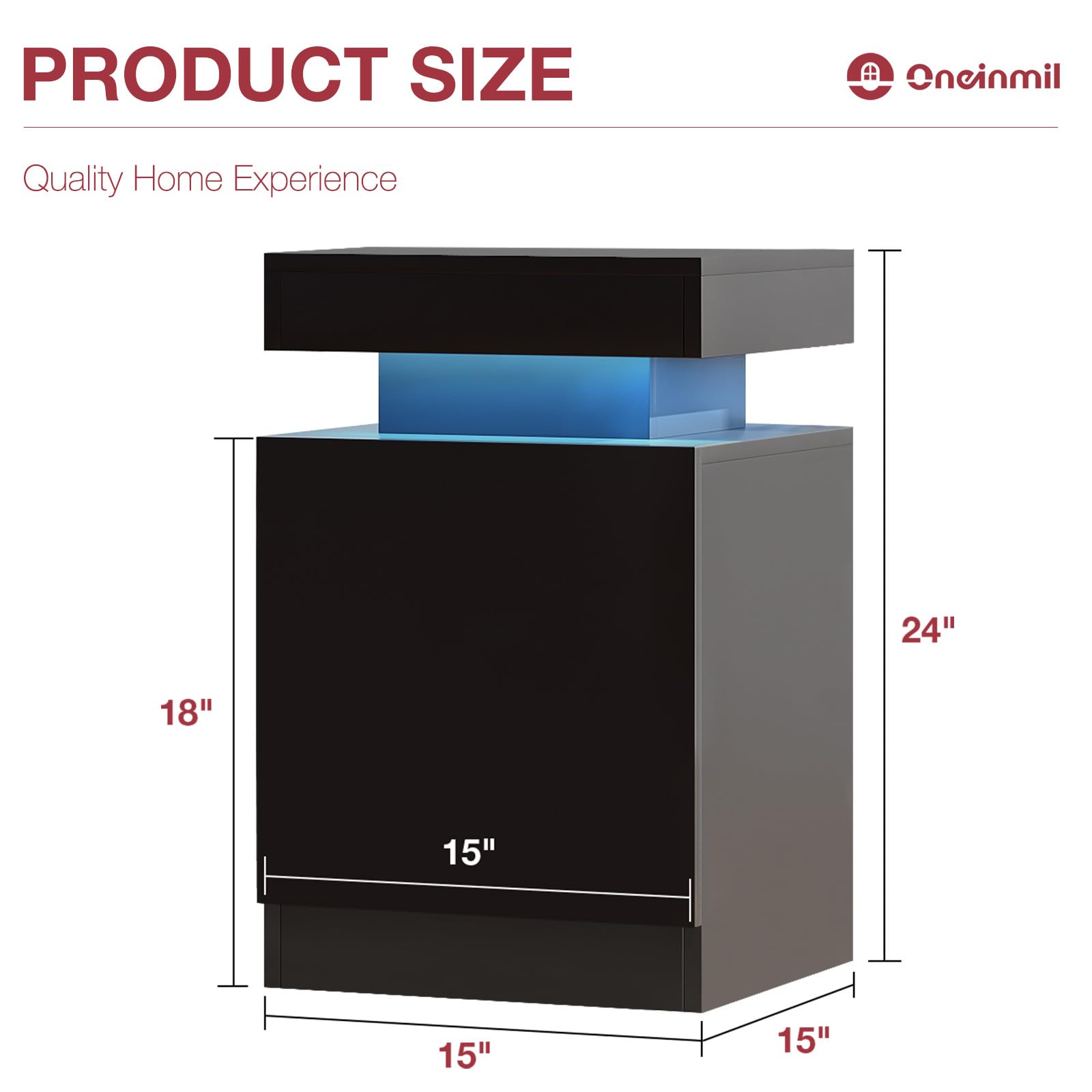 Oneinmil 2-Piece LED Nightstand Set with Storage - Black, for Bedroom & Living Room