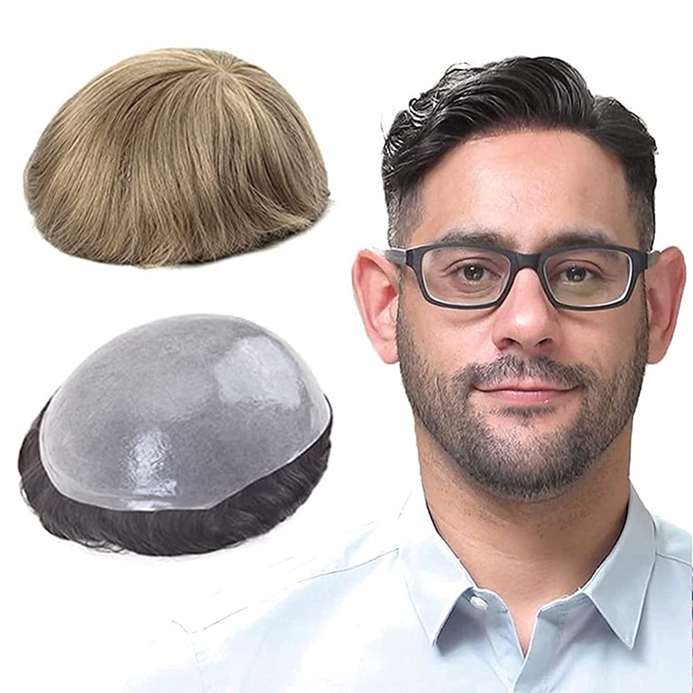 Premium Human Hair Toupee for Men - 0.08mm Natural Skin Base, 8x10 Inch Hair Replacement System (Dark Blond Brown #18) - Perfect for Daily Wear, Special Occasions & Hair Loss Solutions