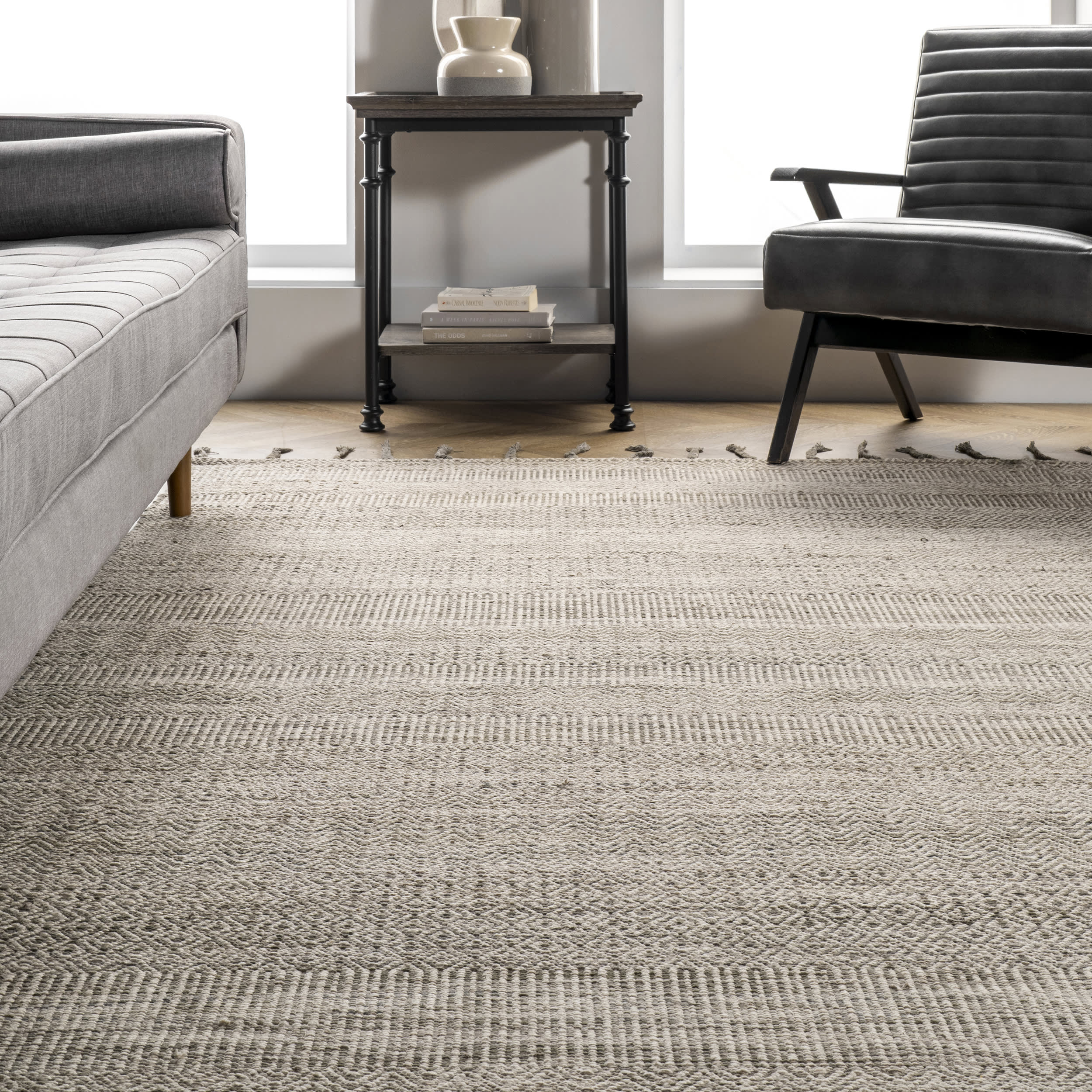 Stylish Beige Diamond Chevron Bands Tasseled Rug - Soft Bohemian Area Rug for Living Room, Bedroom & Nursery Decor
