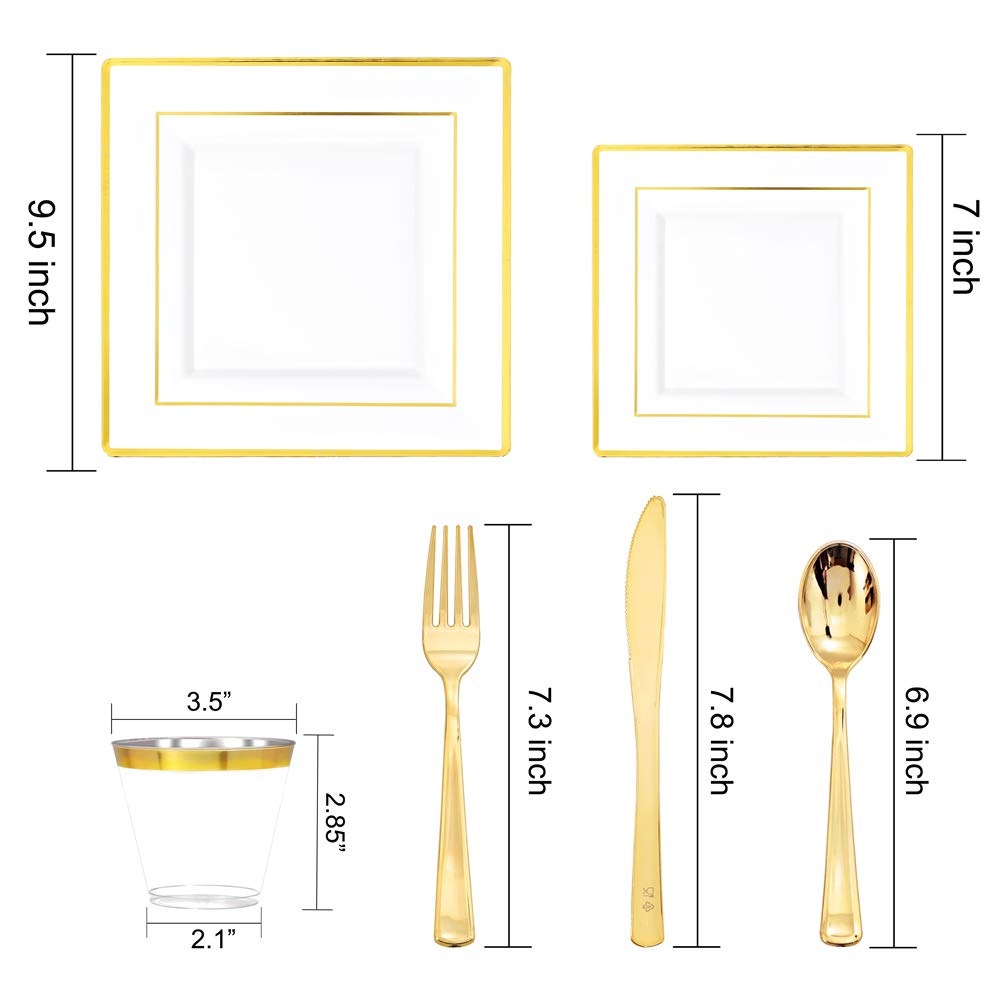 50-Pack Gold Plastic Plates with Disposable Cutlery & Cups - Square Disposable Dinnerware Set with Napkins for Wedding, Party & Events - Elegant Tableware for Bridal Showers, Baby Showers & Banquets
