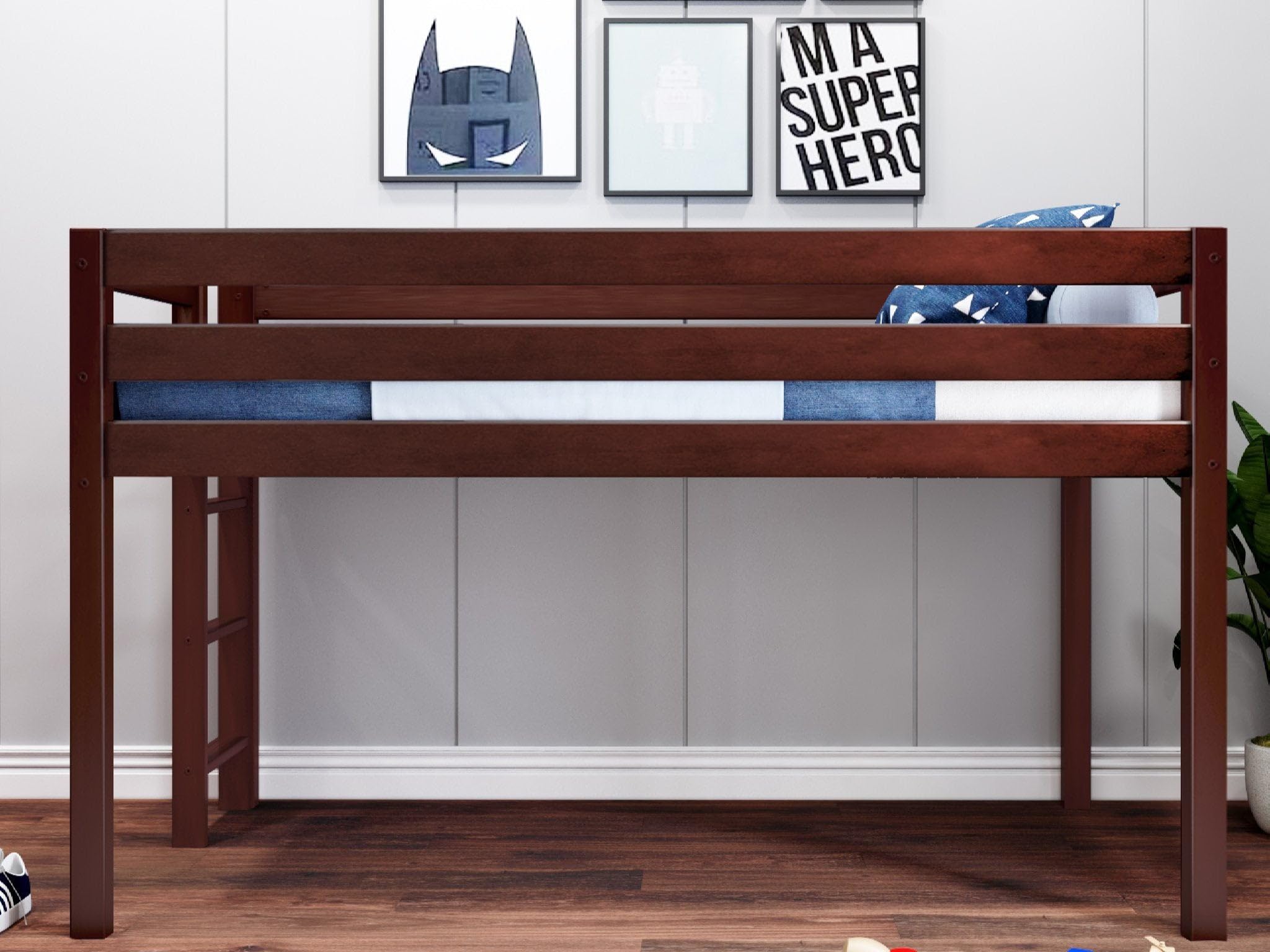 Modern Low Loft Twin Bed with End Ladder in Cherry Finish - Space-Saving Kids & Teen Bedroom Furniture for Small Rooms, Dorms & Apartments