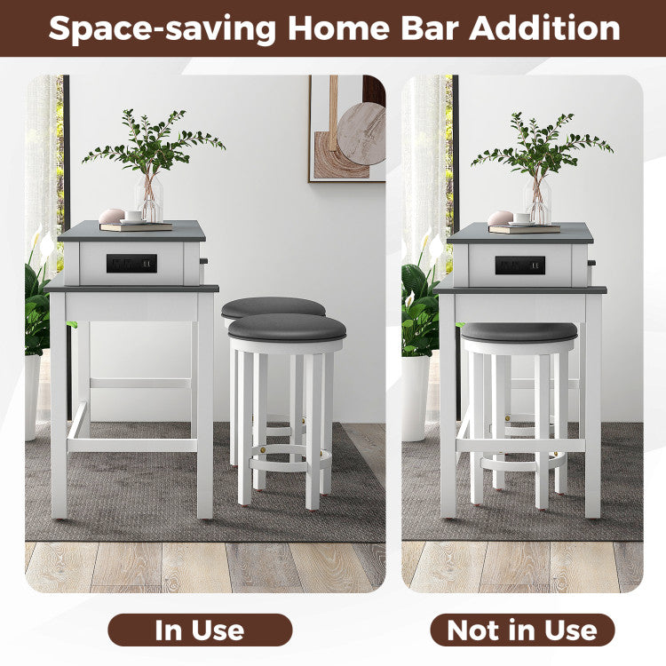 Costway 3-Piece Bar Set with Table & 2 Upholstered Stools - Outlets & USB Ports - Perfect for Kitchen Island, Breakfast Nook or Home Bar