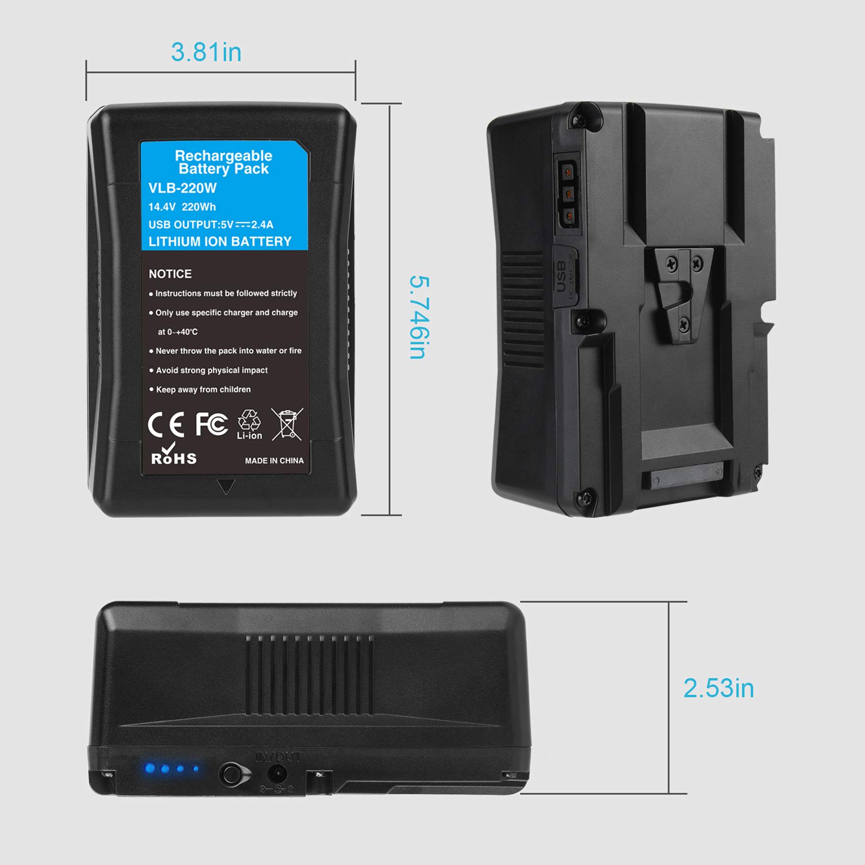 KUNLUN 220Wh 15000mAh V Mount Battery with D-TAP & USB Ports - Compatible with Sony Cameras, Camcorders, LED Lights, Monitors - Power Solution for Filmmaking, Broadcasting & Photography