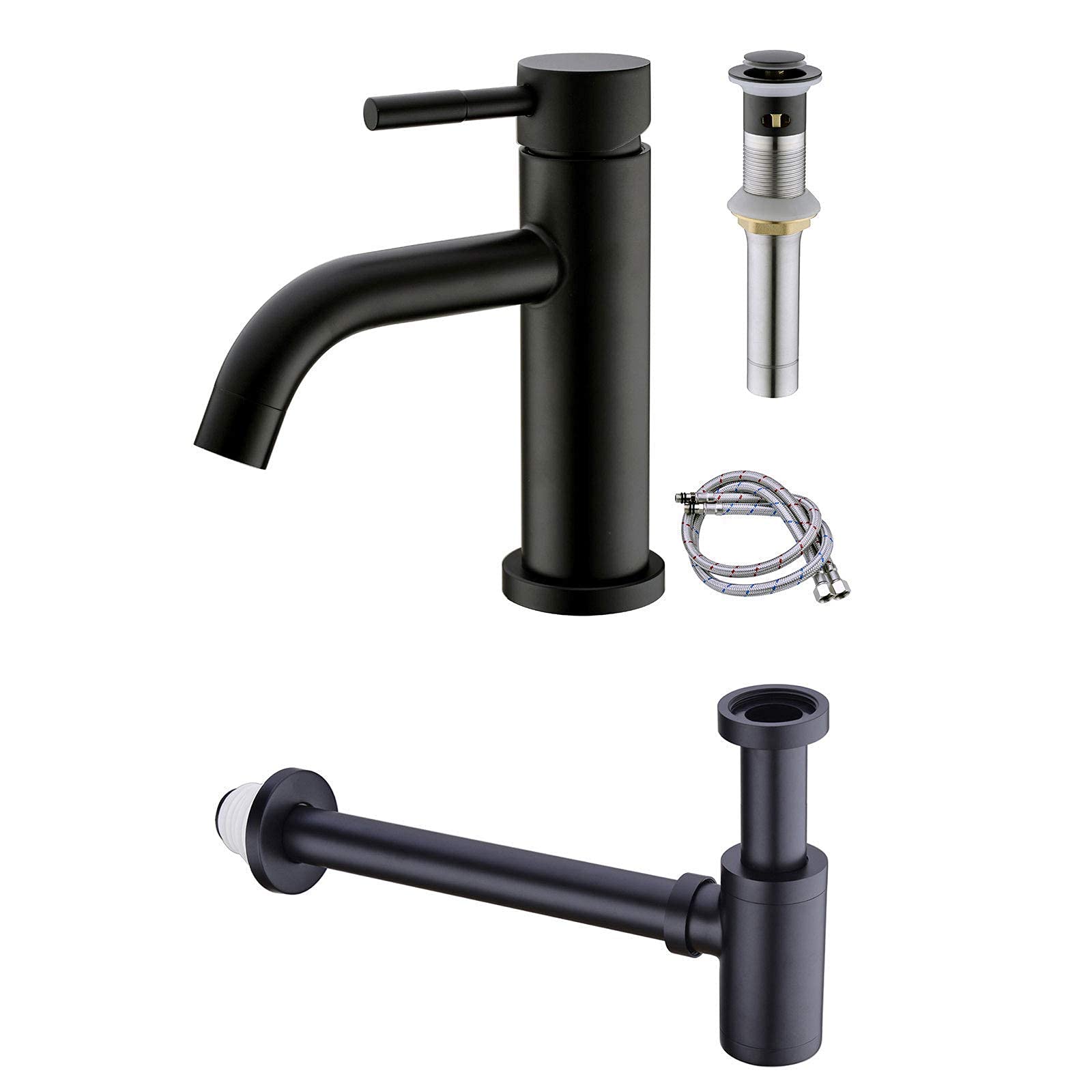 HANEBATH Matte Black Single Hole Bathroom Faucet with Pop-Up Drain & Overflow - Complete P-Trap Kit Included | Modern Bathroom Sink Faucet for Vanity, Powder Room & Guest Bath Installation
