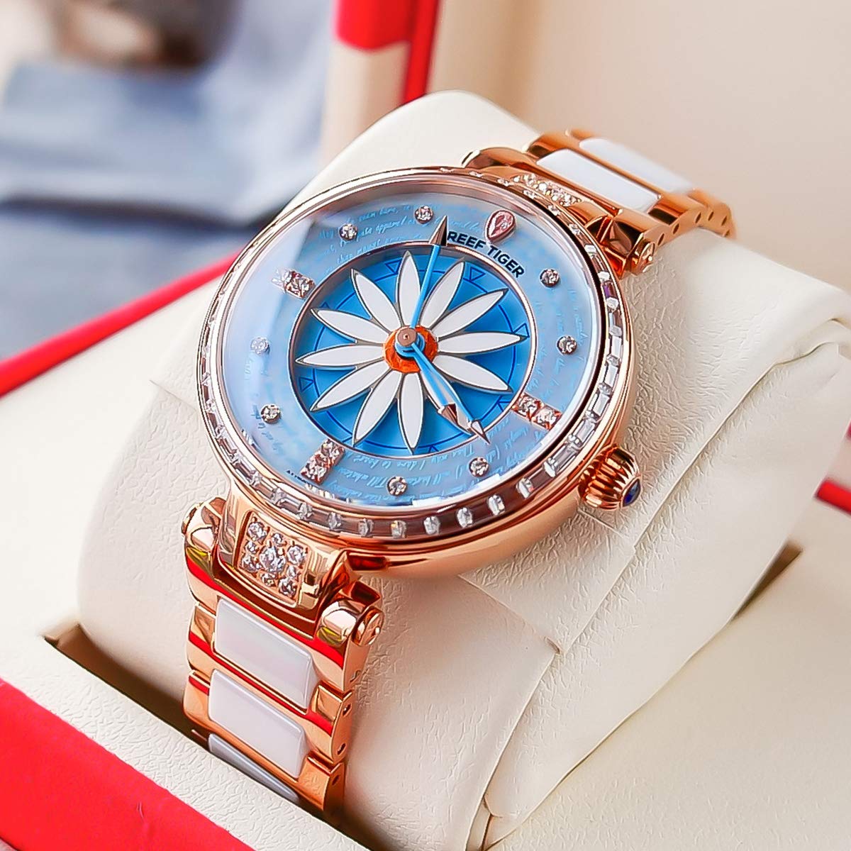 REEF TIGER RGA1599 Luxury Women's Automatic Watch with Diamond Bezel - Elegant Lily Design for Business, Party & Everyday Wear
