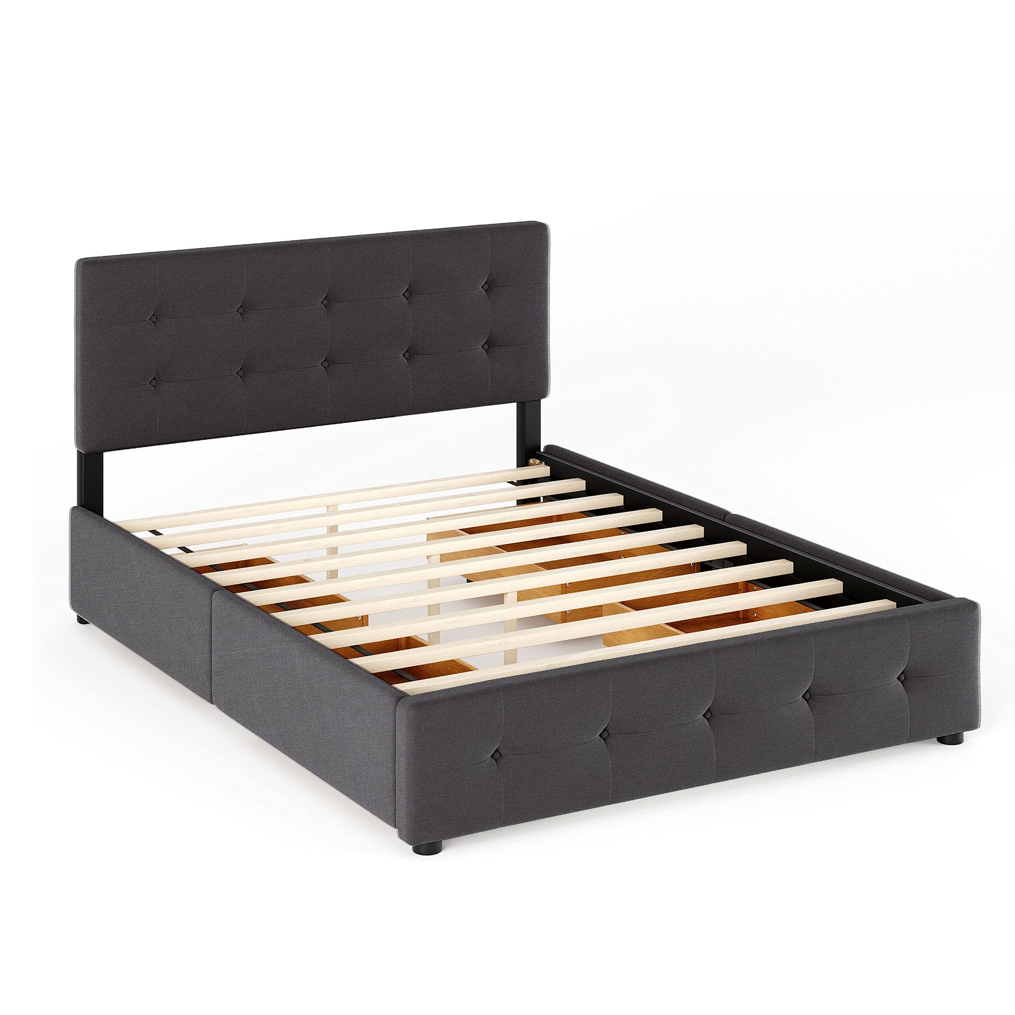 Queen Size Modern Upholstered Platform Bed with 4 Large Storage Drawers - Button Tufted Headboard, Wooden Slats & Center Support Legs - No Box Spring Required (Dark Gray) - Perfect for Master Bedrooms, Guest Rooms & Small Space Living