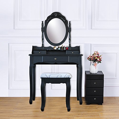 Vanity Table Set with Stool - 3 Drawer Makeup Dressing Table for Bedroom, Beauty Station Furniture with Cushioned Seat, Easy Assembly | Perfect for Makeup Organization, Dressing Room & Bedroom Decor