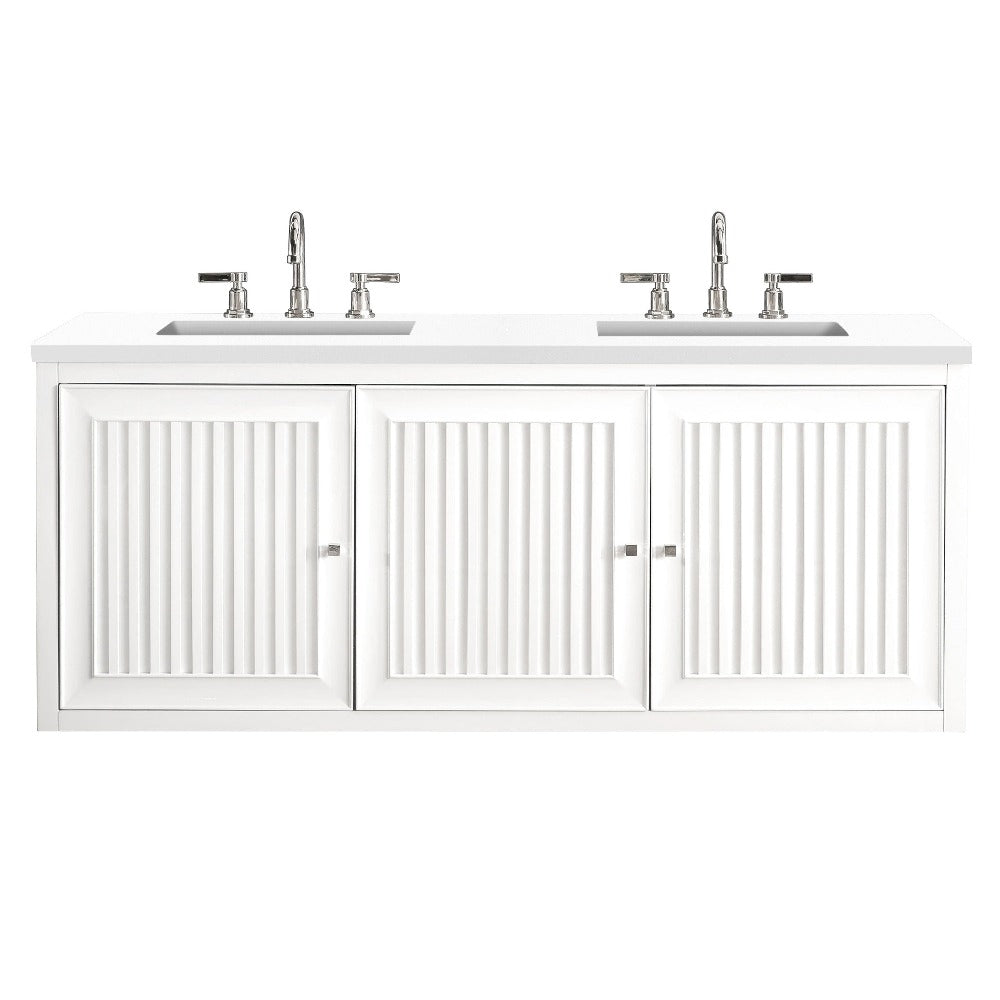 James Martin Vanities Athens Collection 60-Inch Double Bathroom Vanity in Glossy White with Solid Surface Countertop - Modern Bathroom Furniture for Master Bath & Guest Bath Remodeling