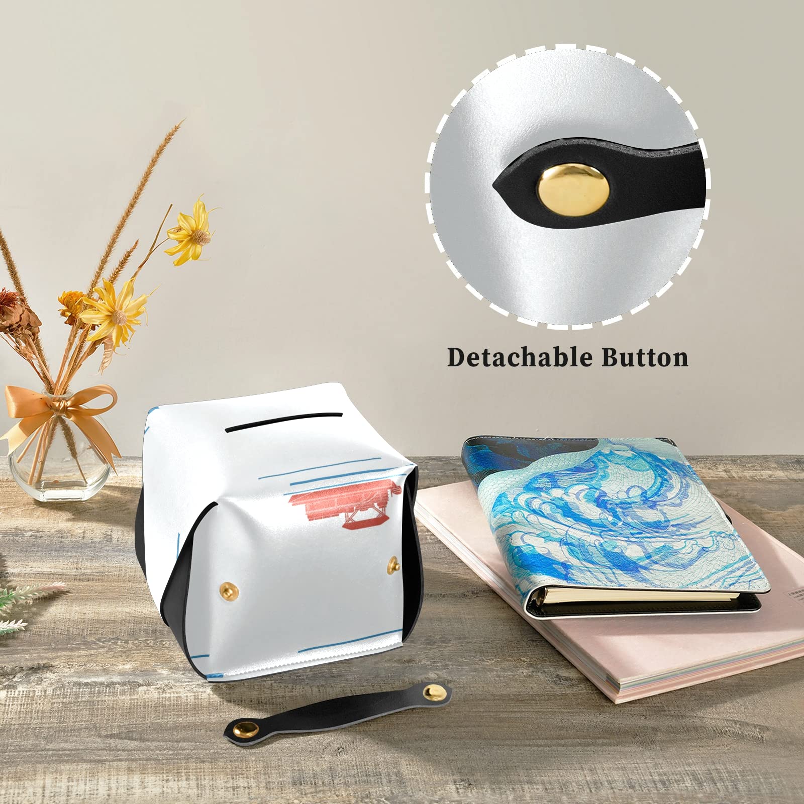 Editable Side View Flat Style Pontoon Boat Leather Tissue Box Cover - 5.7x5.7x5.7 Inch White Rectangle with Handle for Bathroom, Home, Nightstand, Vanity, Office Desk & Car - Perfect for Coastal Decor, Nautical Themed Rooms & Marine Enthusiasts