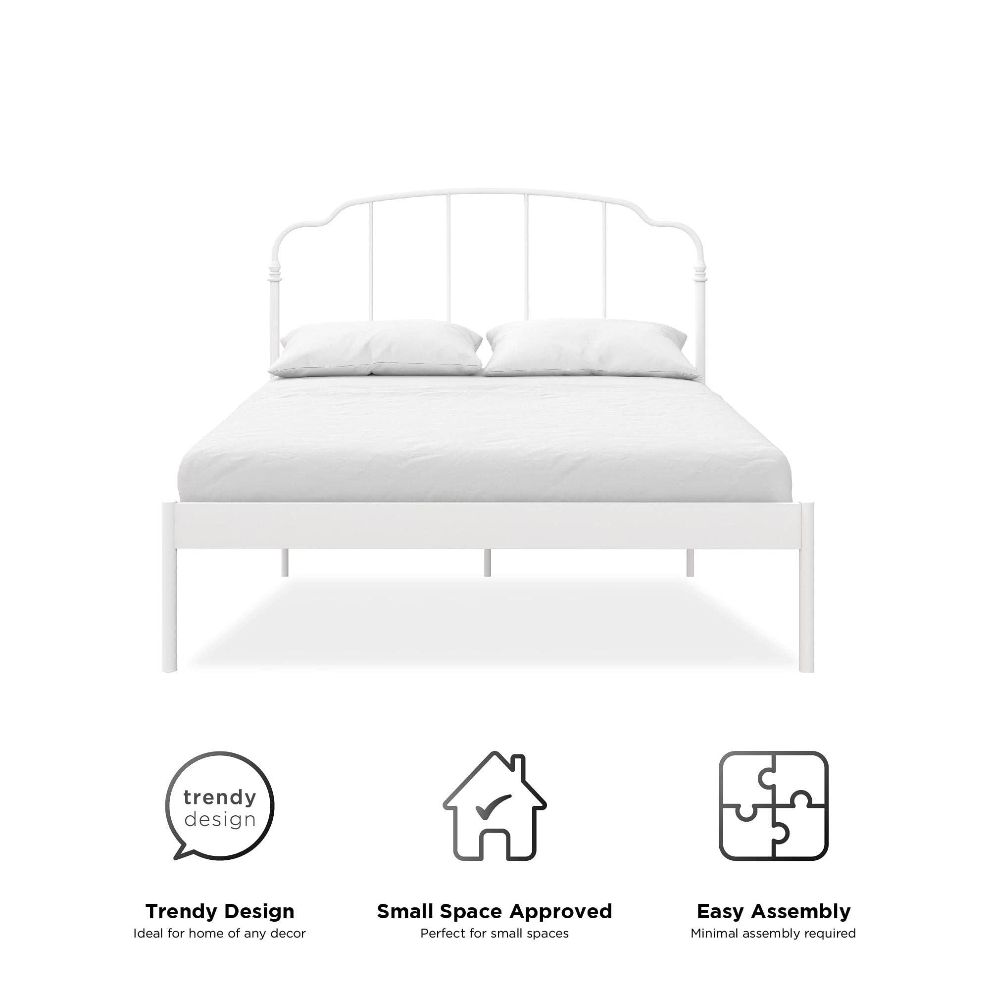 REALROOMS Camie Metal Platform Bed Frame with Adjustable Height, No Box Spring Required, Full Size, White - Perfect for Modern Bedrooms, Guest Rooms & Small Spaces