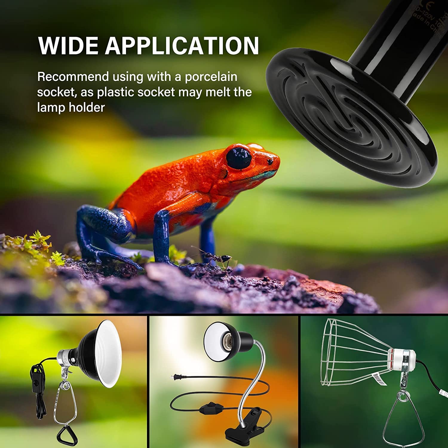 HealSmart 100W Ceramic Heat Emitter Bulbs 2-Pack - No Light Reptile Heating Lamp for Bearded Dragons, Snakes, Turtles & Terrariums | Ideal for Amphibian Pets, Chicken Brooders & Reptile Incubators | Durable Black Heat Bulbs for Nighttime Use