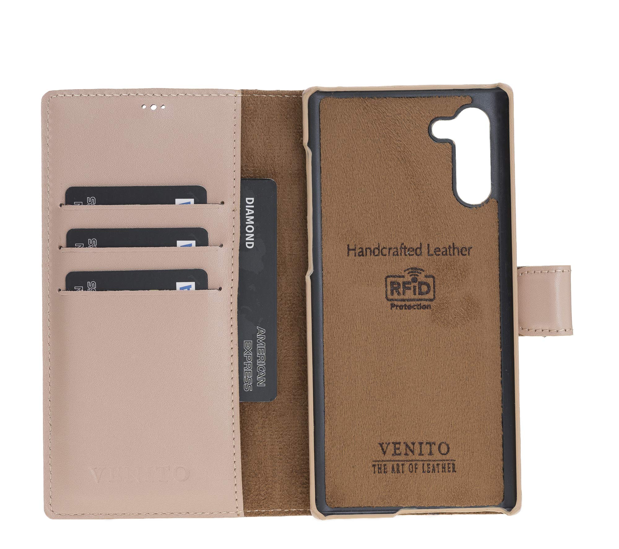 Venito Florence Genuine Leather Wallet Phone Case for Samsung Galaxy Note 10 - RFID Blocking Protection - Detachable Card Holder - Nude Pink - Perfect for Travel, Work & Everyday Use