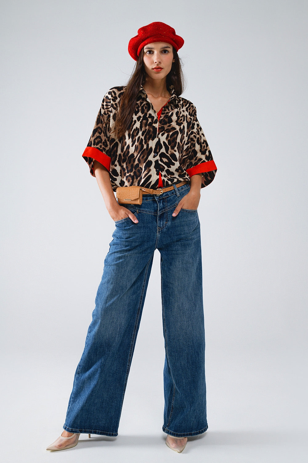 Leopard Print 3/4 Sleeve Blouse with Red Accents - Women's Fashion Top for Office, Party & Casual Wear