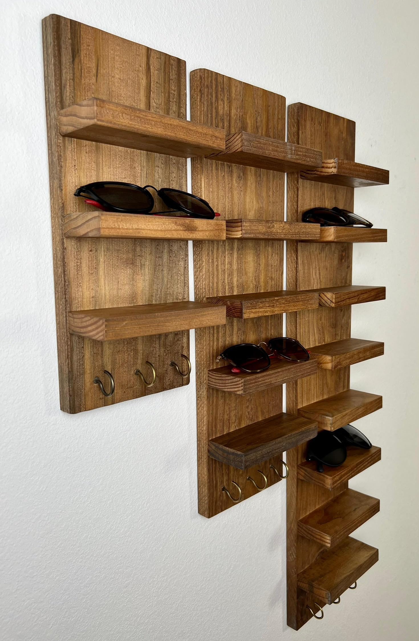 Wooden Sunglasses Shelf with Key Hooks - Floating Wall Shelf for Entryway Organization & Eyeglass Storage | 5-Tier Wall Mounted Shelf with Key Holder | Perfect for Sunglasses, Keys, Mail & Small Essentials (Walnut)