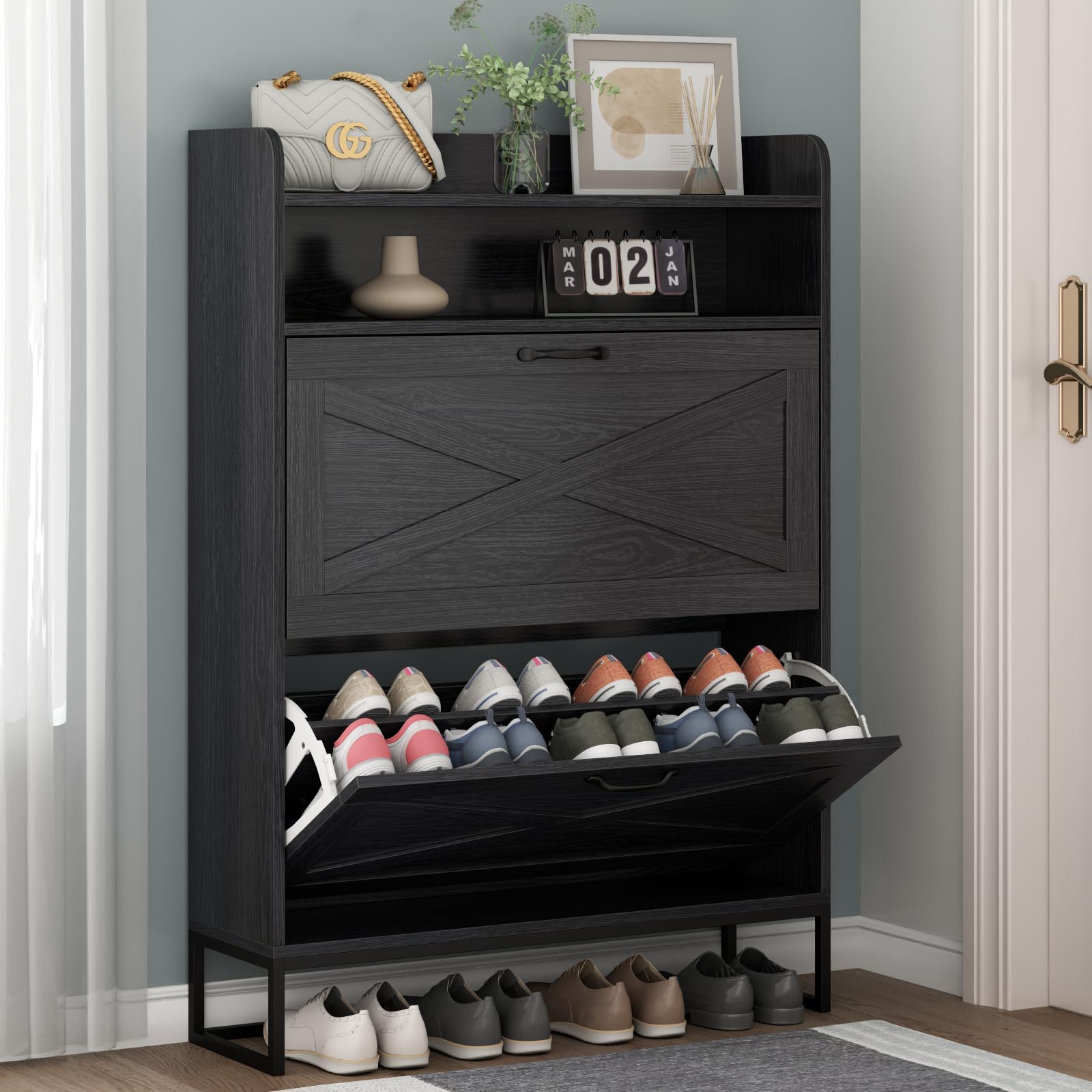 Freestanding Shoe Storage Cabinet with 2 Flip Drawers - Narrow Slim Entryway Shoe Organizer with Hidden Doors & Top Storage Cubby - Perfect for Small Spaces, Apartments & Closet Organization (Black)