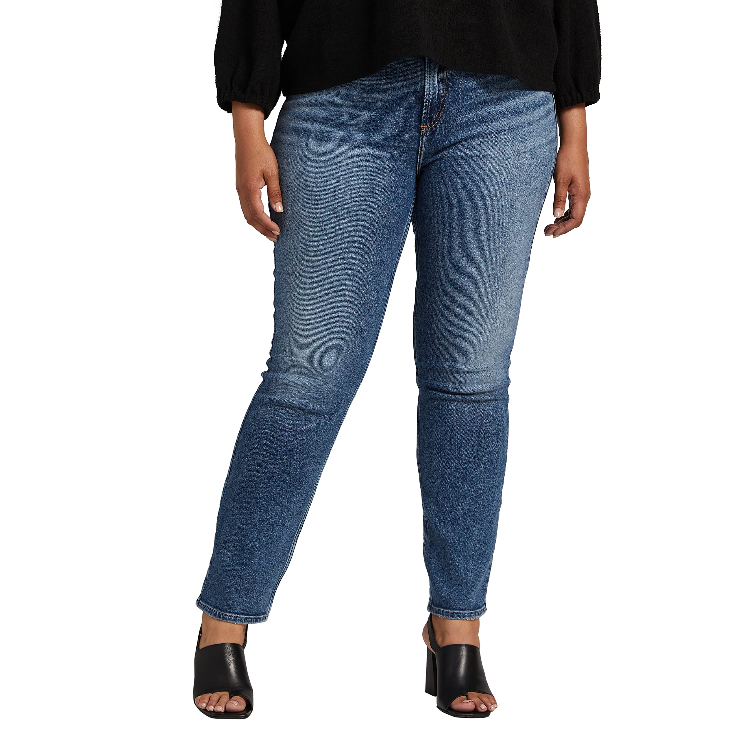Silver Jeans Co. Women's Plus Size Most Wanted Mid Rise Straight Leg Jeans - Comfortable Stretch Denim Pants for Casual Wear & Everyday Outfits