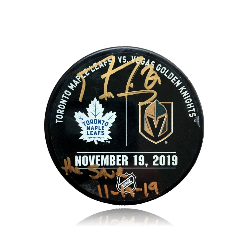 Marc Andre Fleury Autographed Game Used Warm-Up Puck from 11/19/19 with COA & JSA - Vegas Golden Knights Memorabilia for Hockey Fans & Collectors - Perfect for Display Cases, Man Caves, and Sports Collections