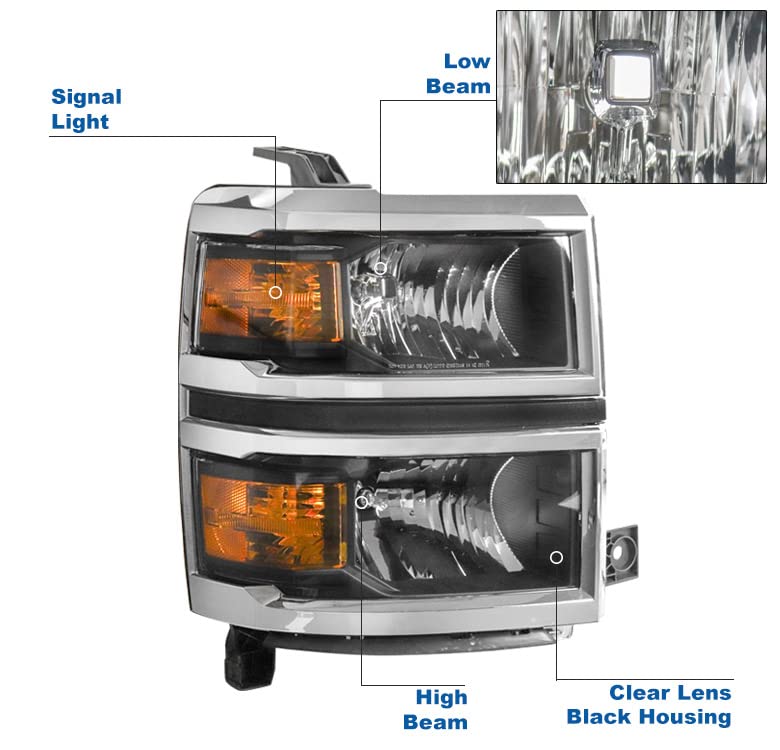 Replacement Headlights Headlamps Black/Chrome Trim Compatible with 2014-2015 Chevy Silverado 1500 - Upgrade Your Truck Lighting for Night Driving & Off-Road Adventures