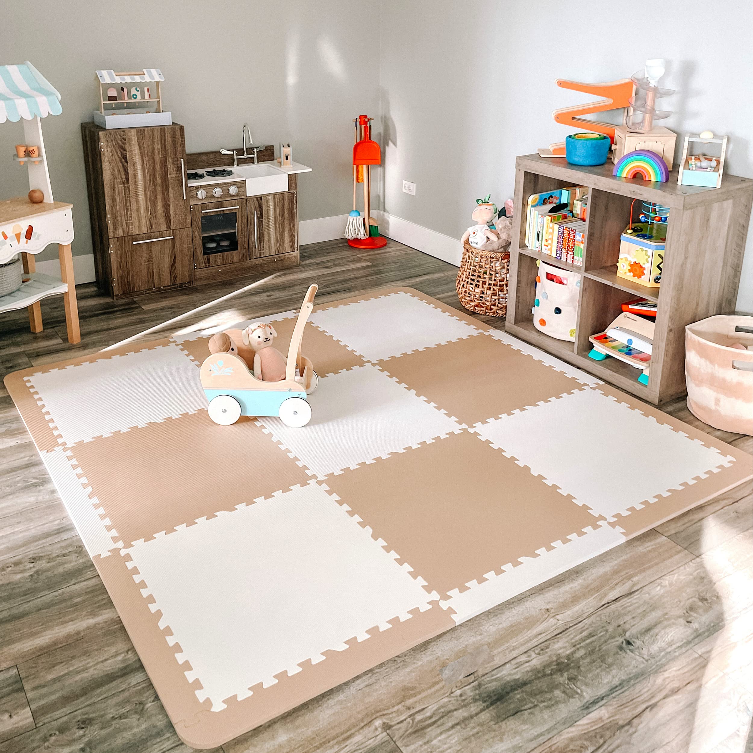 **Extra Large Baby Play Mat - 74x74 Inches Non-Toxic Foam Floor Tiles for Infants & Toddlers | Thick Interlocking Puzzle Playmat for Crawling, Tummy Time & Learning Activities (Beige/White) - Perfect for Nursery, Daycare & Playroom**