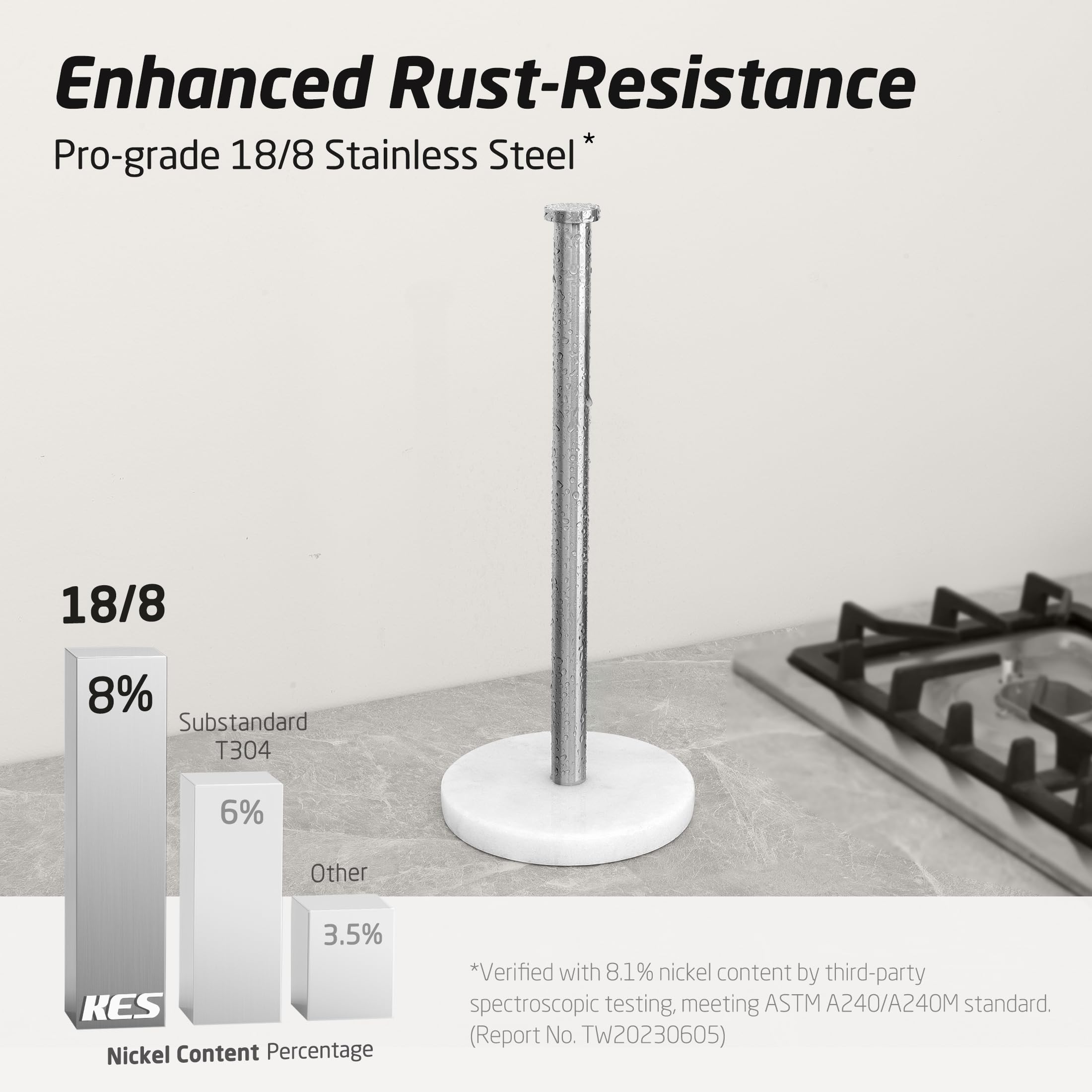 Premium KES Countertop Paper Towel Holder - Sturdy SUS304 Stainless Steel with Natural Marble Base for Standard/Jumbo Rolls (Brushed Finish) - Ideal for Kitchen, Bathroom, Office & Restaurant Use - Model KPH100S14B-2