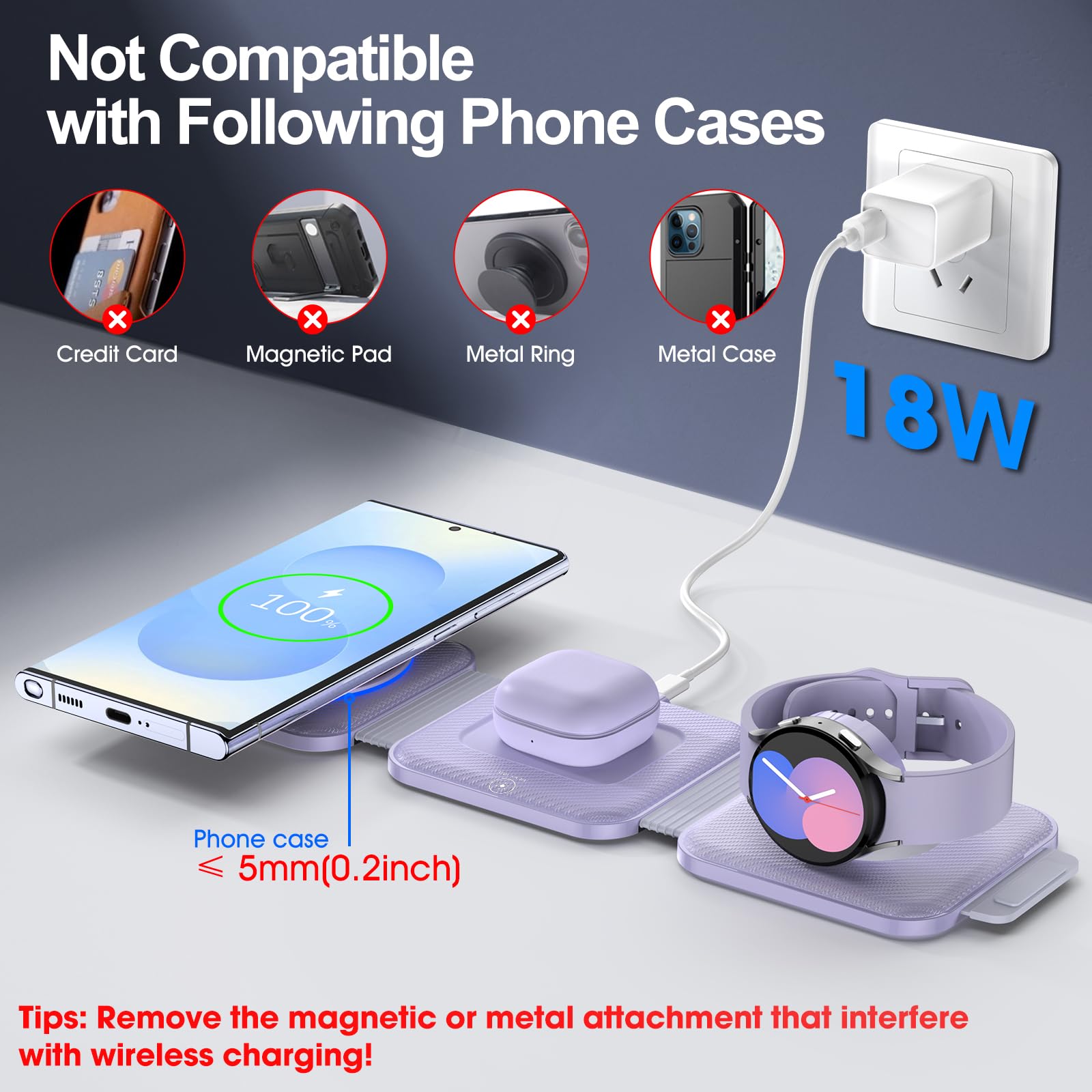 3-in-1 Foldable Wireless Charger for Samsung Galaxy S25 Ultra/S24/Z Fold Flip 6/5, Watch 7 & Buds Pro3 - Fast Charging Station with Stand for Multiple Devices | Travel & Office Use (Purple)