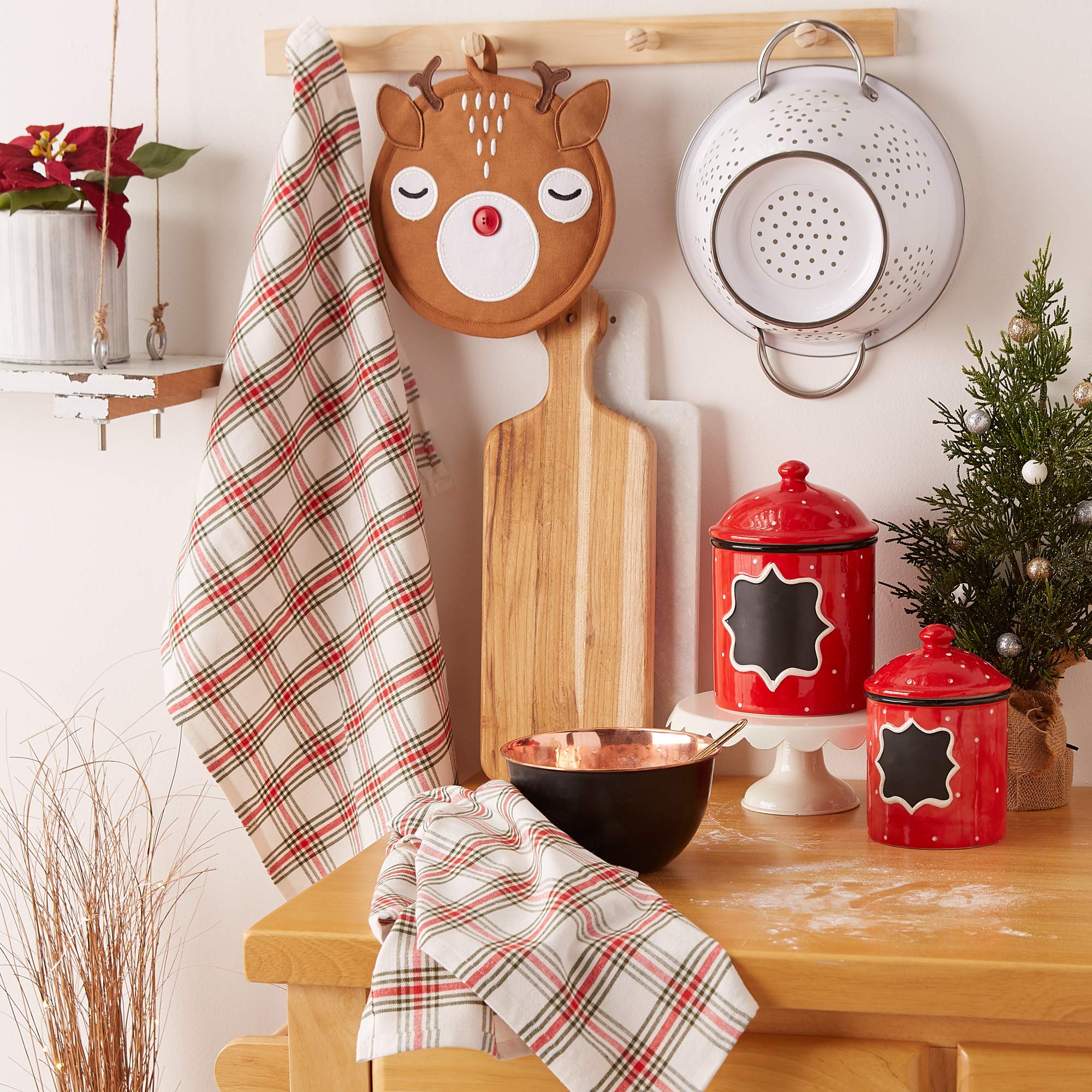 Christmas Kitchen Accessories & Décor Gift Set - 3-Piece Pot Holder & Dish Towels with Rudy Reindeer Design - Perfect for Holiday Cooking, Baking & Festive Home Decor