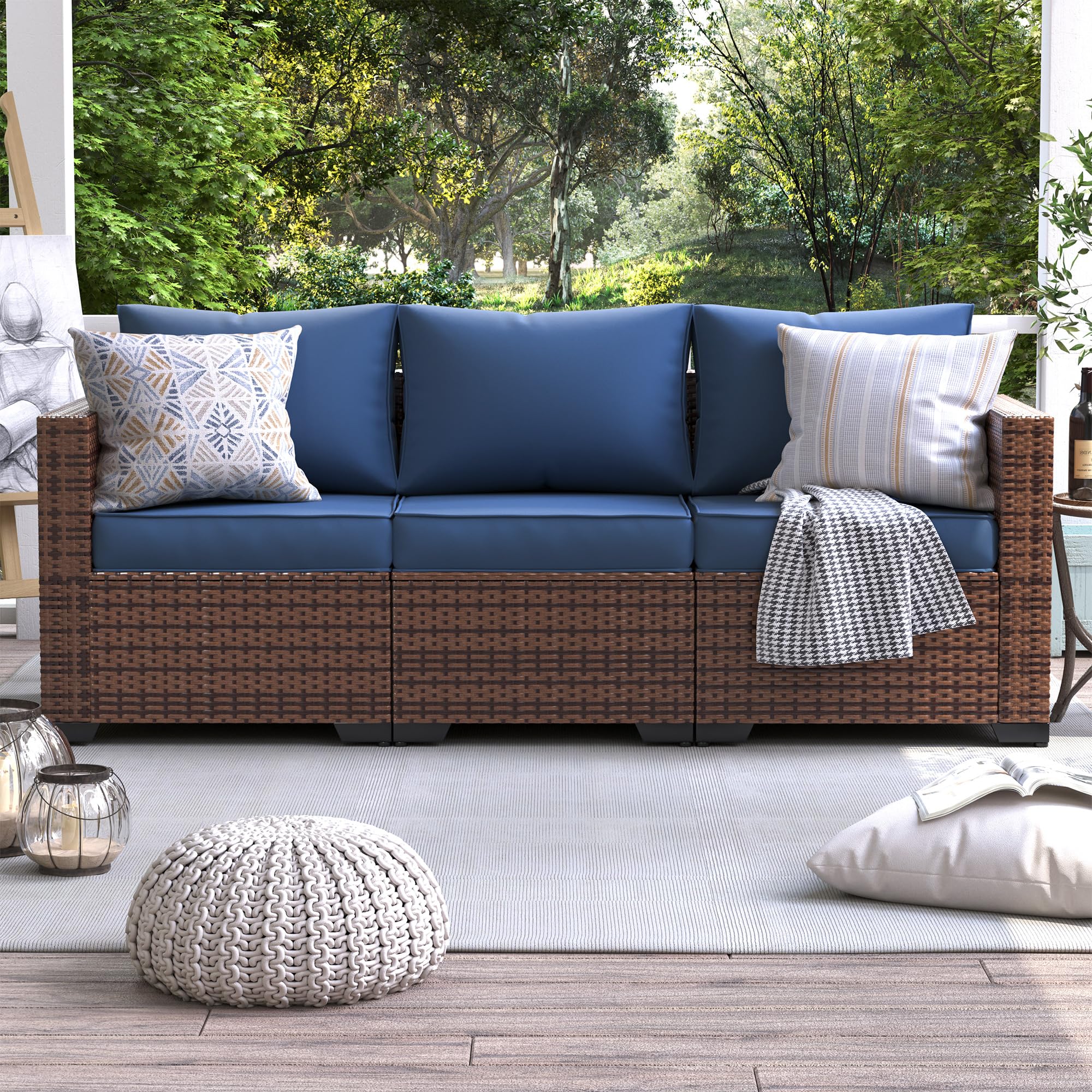 UDPATIO 3-Seat Outdoor Wicker Sofa Set with Steel Frame - Navy Blue Rattan Sectional Couch, Deep Seating High Back Design, Includes Waterproof Cover & Non-Slip Cushions - Perfect for Patio, Garden, Poolside or Backyard Relaxation