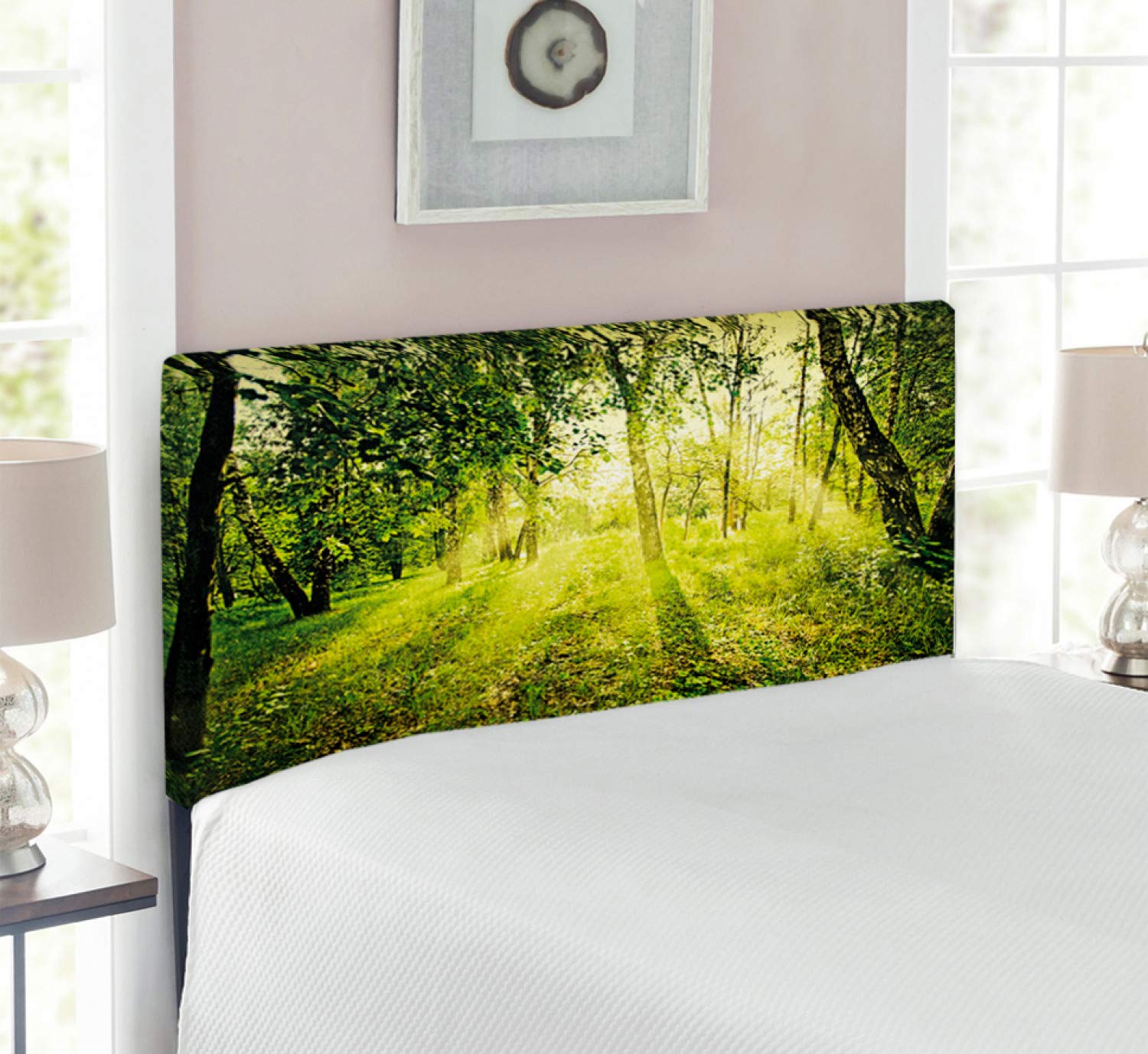 Ambesonne Upholstered Twin Size Green Metal Bed Headboard with Memory Foam - Nature Inspired Wilderness Mist & Sunset Design for Bedroom Decor | Perfect for Guest Rooms, Dormitories & Cozy Bedroom Makeovers