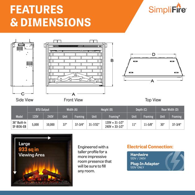 SimpliFire SF BI36 EB 36-Inch Built-In Electric Fireplace - Modern Heating for Living Rooms, Bedrooms & Offices