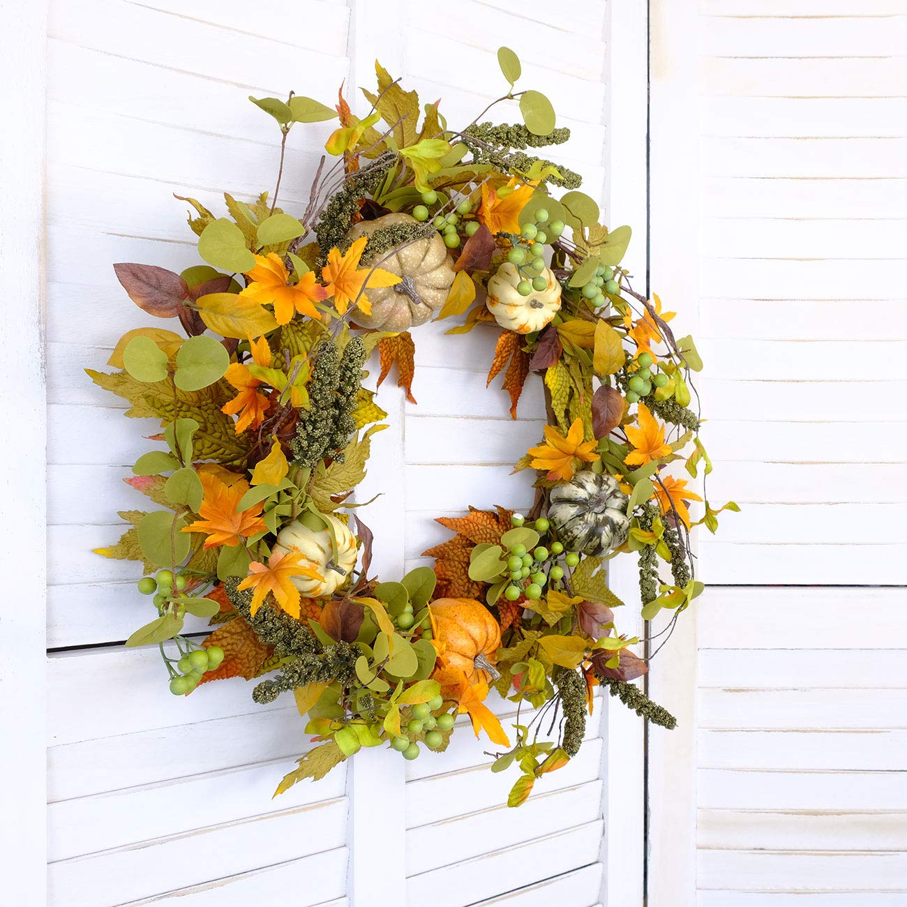 20 Inch Autumn Wreath with Pumpkins, Maple Leaves & Green Berries - Fall Harvest Thanksgiving Door Hanging Wall Decor for Home, Front Porch & Seasonal Celebration