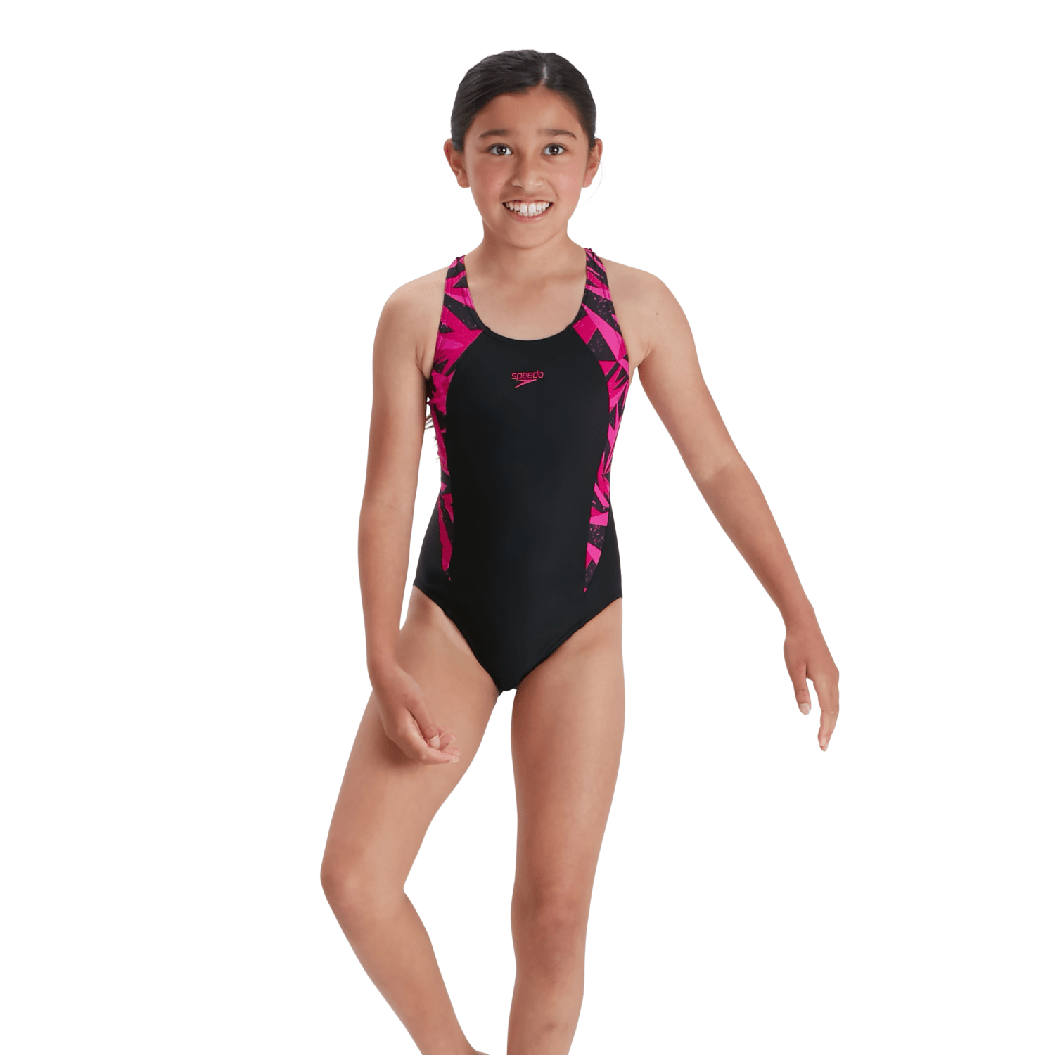 Speedo Girl's HyperBoom Splice Muscleback Swimsuit - Black & Pink - Perfect for Swim Training, Beach Vacations & Pool Parties
