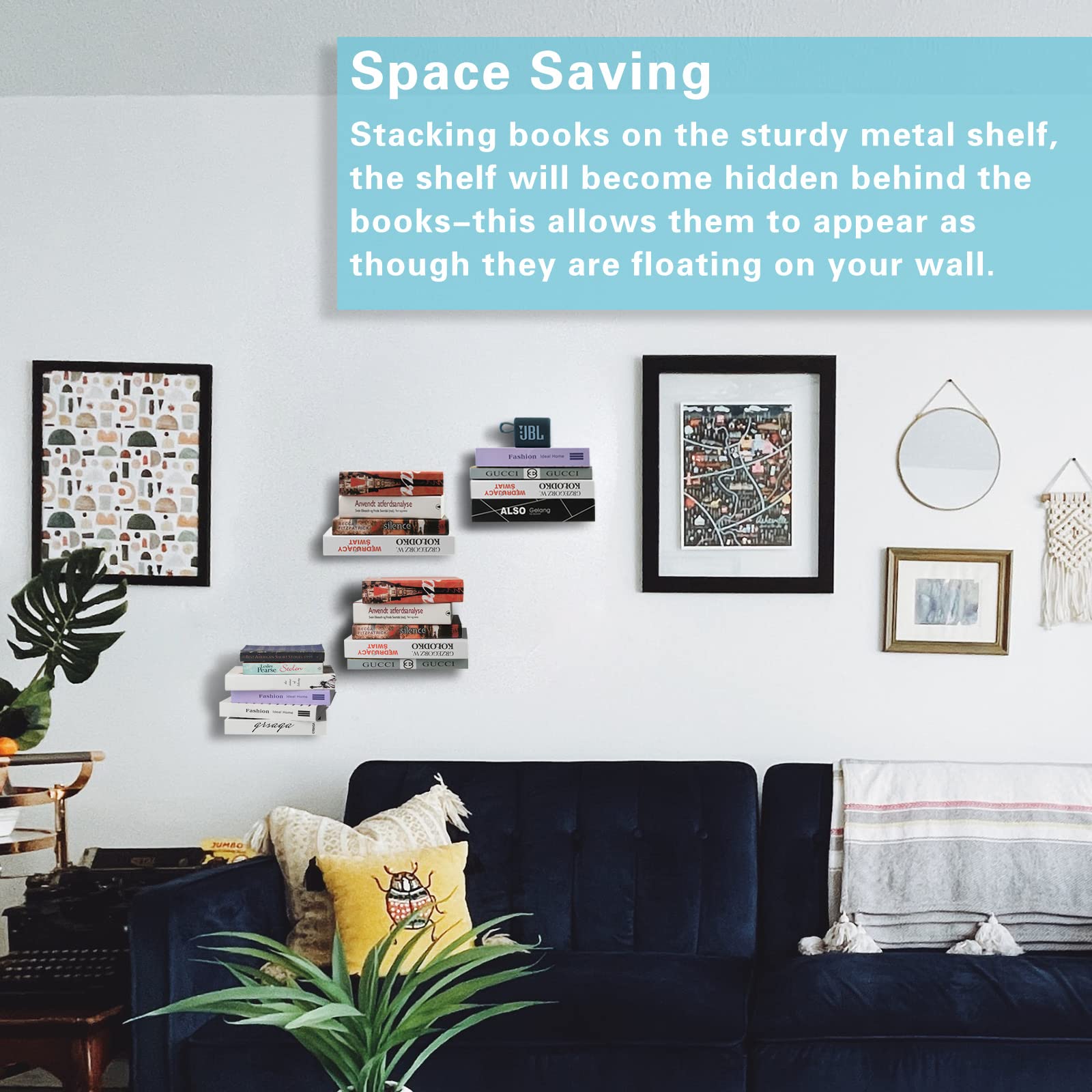 **Homakover Invisible Floating Bookshelves - Heavy Duty Wall Mounted Book Organizer, Iron Storage Shelves for Bedroom, Living Room, Office - Set of 4 (Black) | Perfect for Modern Home Decor & Space Saving**