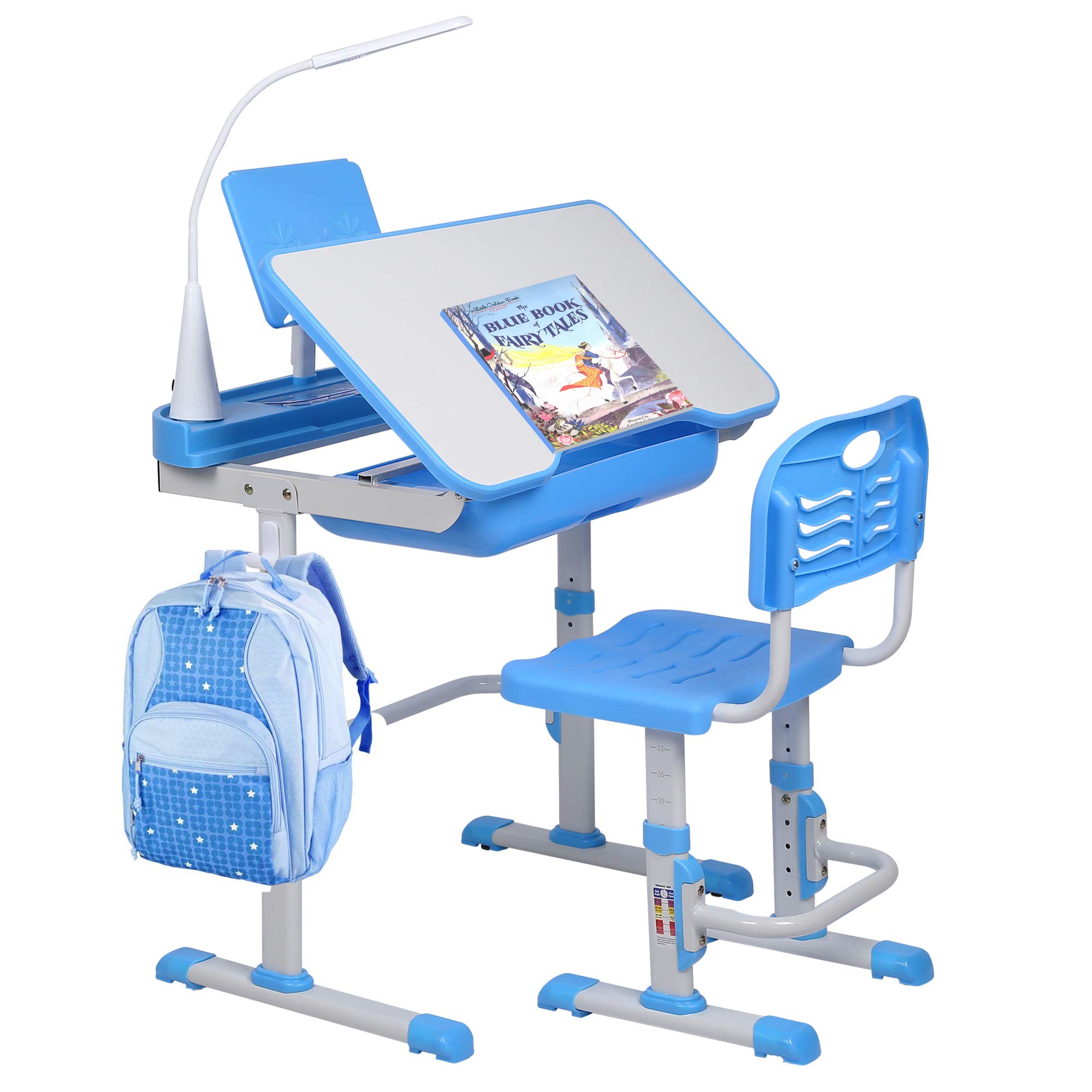 Adjustable Kids Desk and Chair Set with LED Light & Storage - Ergonomic Study Table for Children, Tilt Desktop, Book Stand - Perfect for Homework, Reading & Online Learning (Blue)