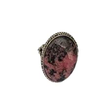Rhodonite Ring for Women - Vintage Sterling Silver Bohemian Statement Ring, Healing Crystal Jewelry for Bridesmaid Gift, Promise Ring & Engagement - Perfect for Hippie Style, Boho Chic Fashion & Spiritual Healing