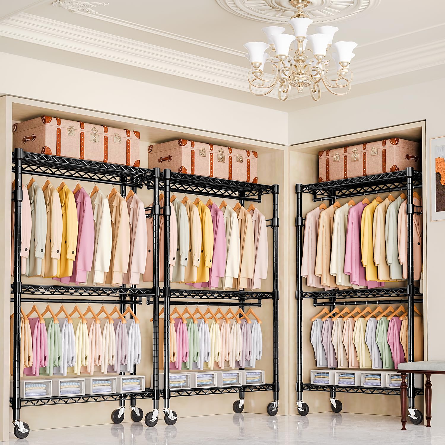 MZG Heavy Duty Rolling Garment Rack - 3-Tier Adjustable Wire Shelving Clothes Organizer with 2 Hanging Rods & Side Hooks, Mobile Storage Closet with Wheels (Black, 17.7