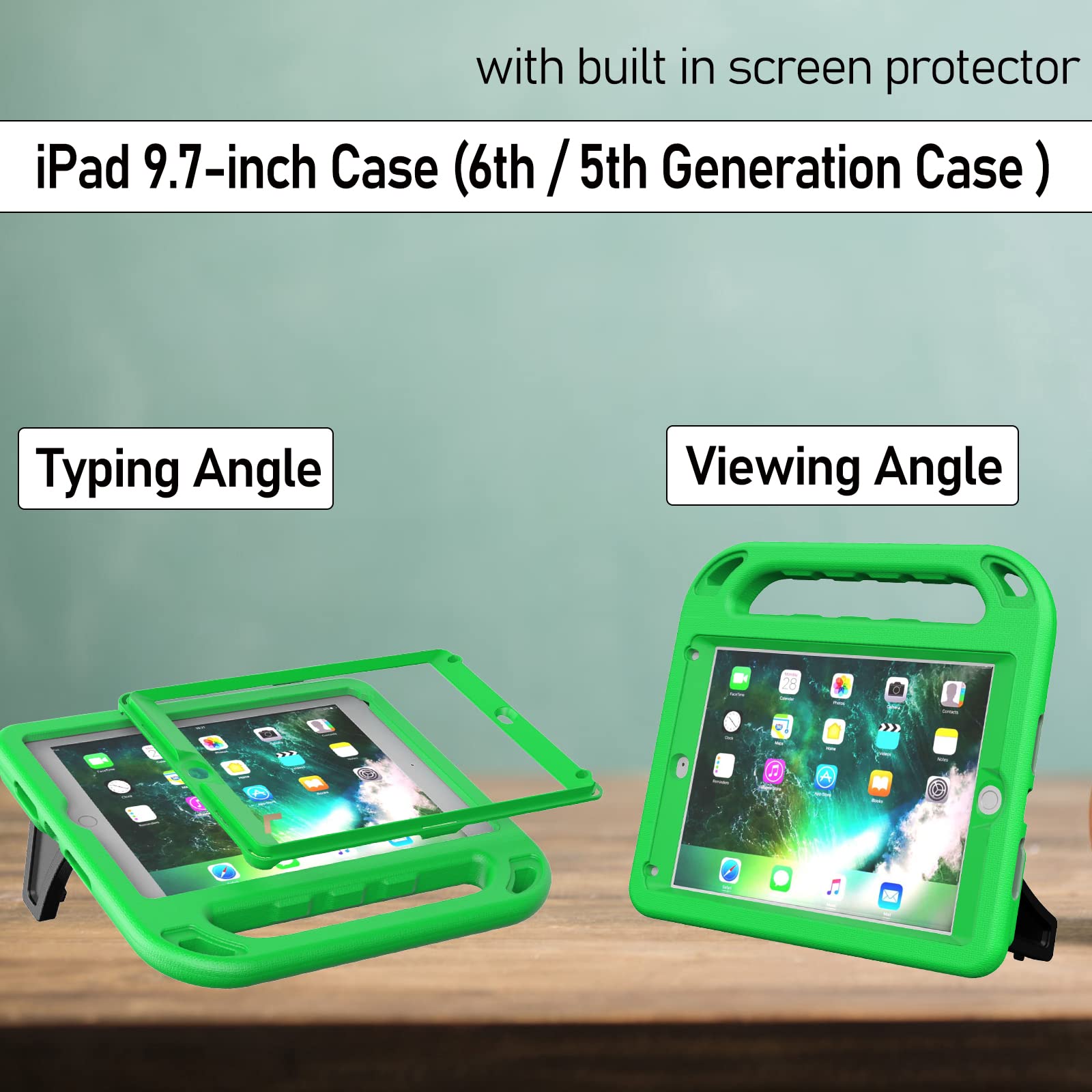 LTROP Shockproof Kids iPad Case for iPad 6th/5th Generation & Air 2 (9.7 Inch 2018/2017) - Built-in Screen Protector with Handle Stand - Green - Perfect for School, Travel & Home Learning