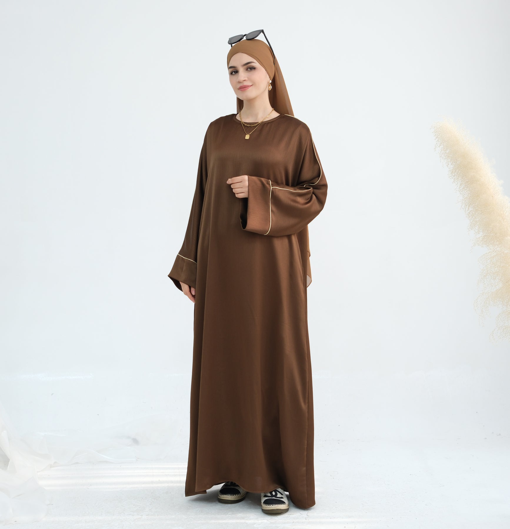 Elegant Ayana Textured Piping Detail Abaya Dress - Bronze Color for Women | Perfect for Islamic Prayer, Mosque Visits & Special Occasions