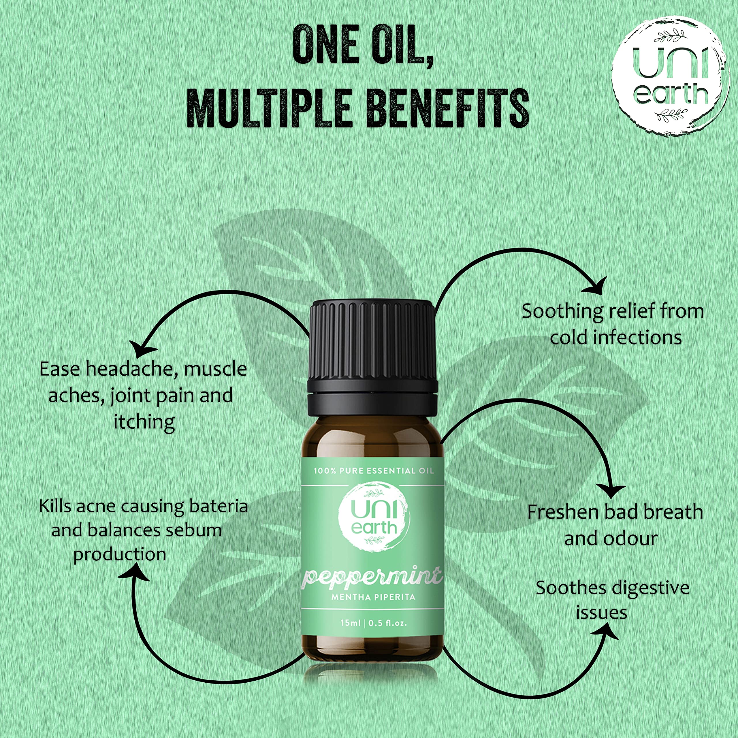 Uniearth 100% Pure Therapeutic Grade Peppermint Essential Oil - 15mL for Skin & Hair Care, Muscle Pain Relief, Acne Treatment & Scalp Nourishment | Aromatherapy, Massage, DIY Beauty & Home Remedies