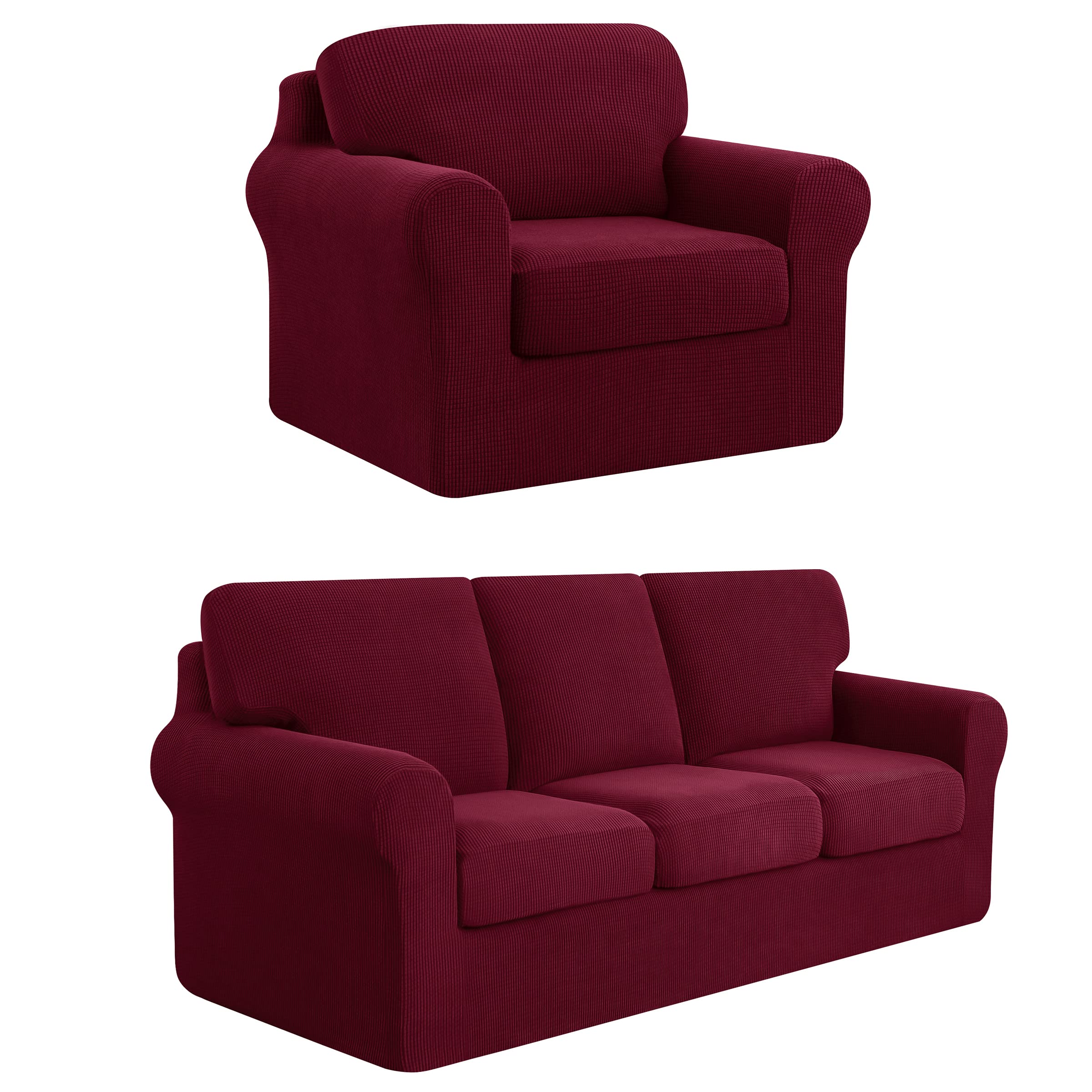 SUBRTEX 3-Piece Armchair Cover & 7-Piece Sofa Slipcover Set - Stretchable Couch Covers with Separate Backrest & Cushion Covers for Living Room (Small/Large, Wine Red) - Perfect for Home Decor, Furniture Protection & Pet-Friendly Households